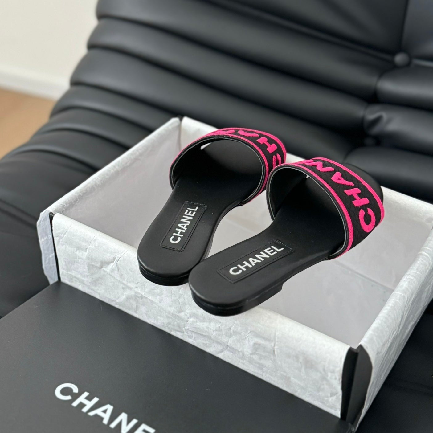CHANEL Woven Embroidered Letter Slippers Black Pink