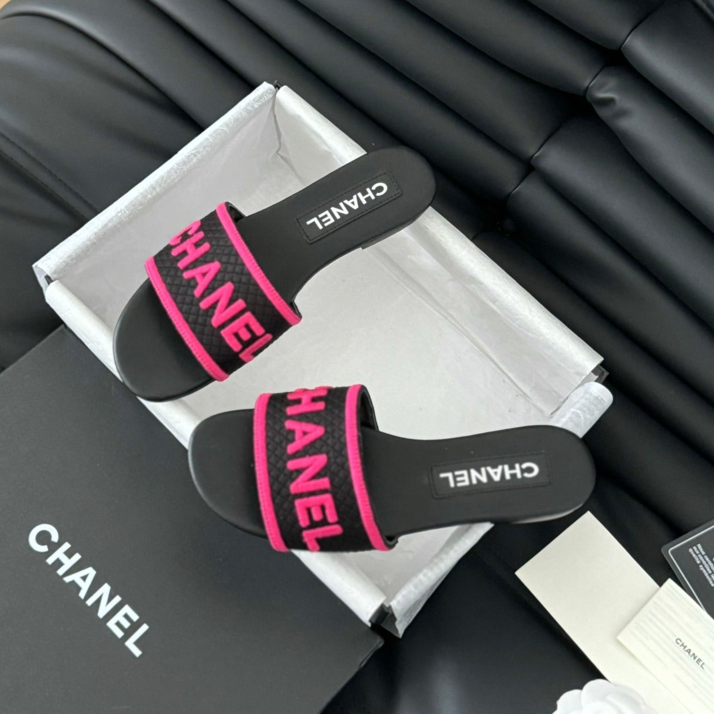 CHANEL Woven Embroidered Letter Slippers Black Pink
