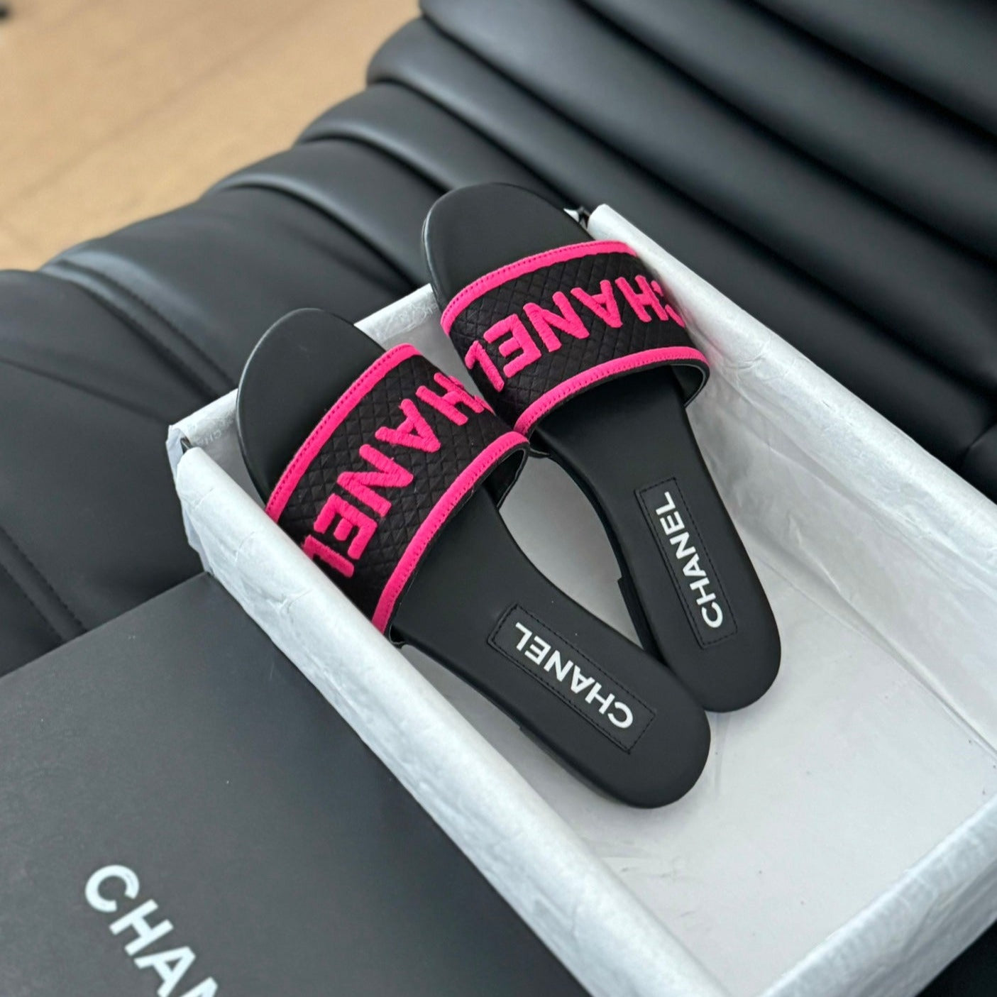 CHANEL Woven Embroidered Letter Slippers Black Pink