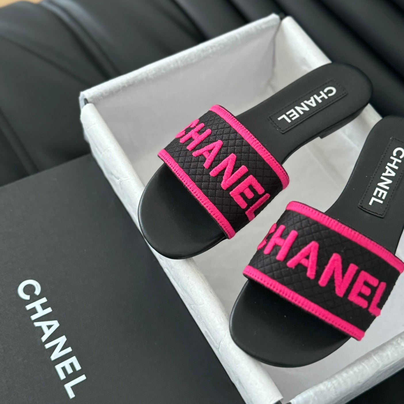 CHANEL Woven Embroidered Letter Slippers Black Pink
