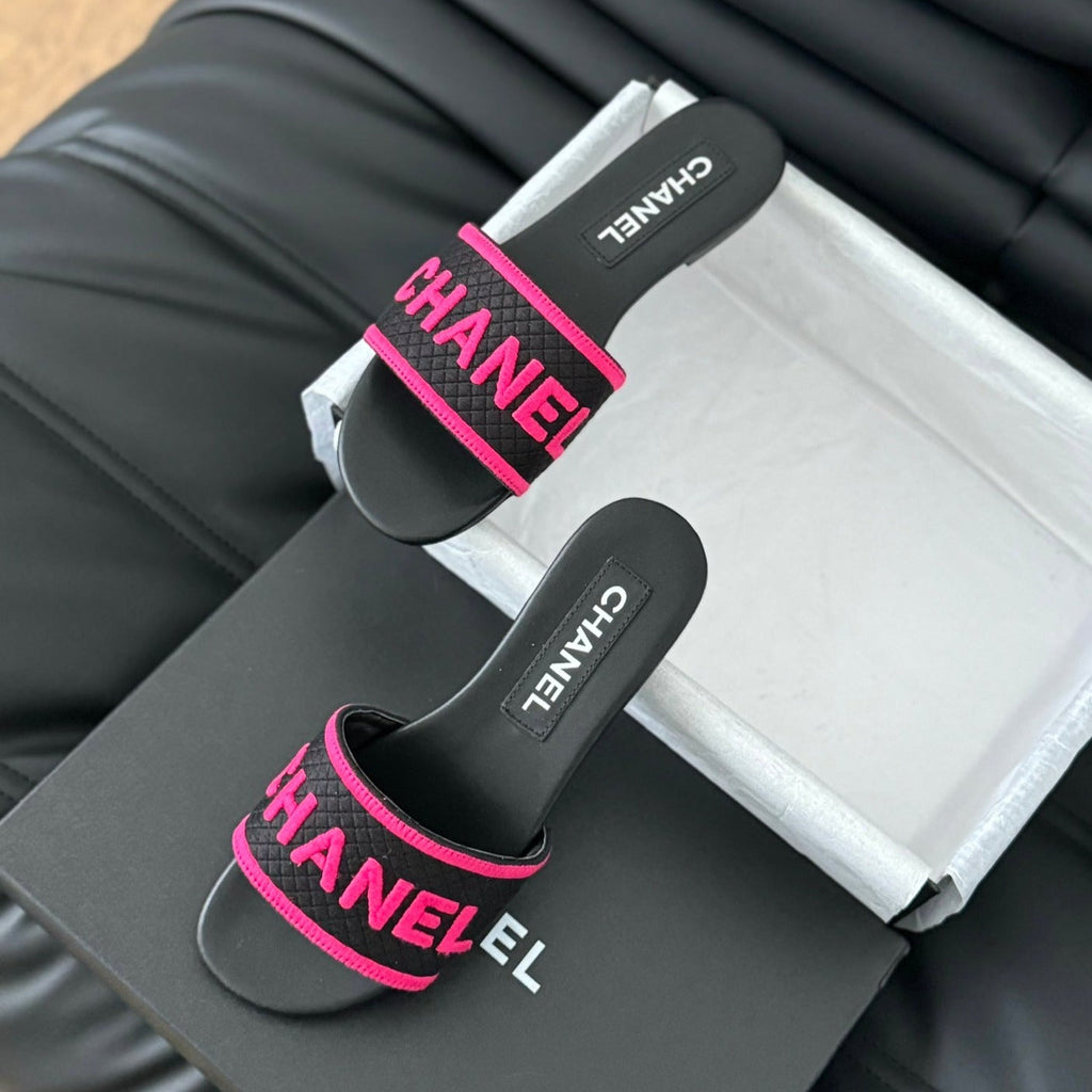 CHANEL Woven Embroidered Letter Slippers Black Pink