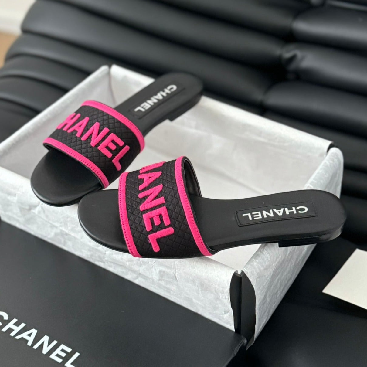 CHANEL Woven Embroidered Letter Slippers Black Pink