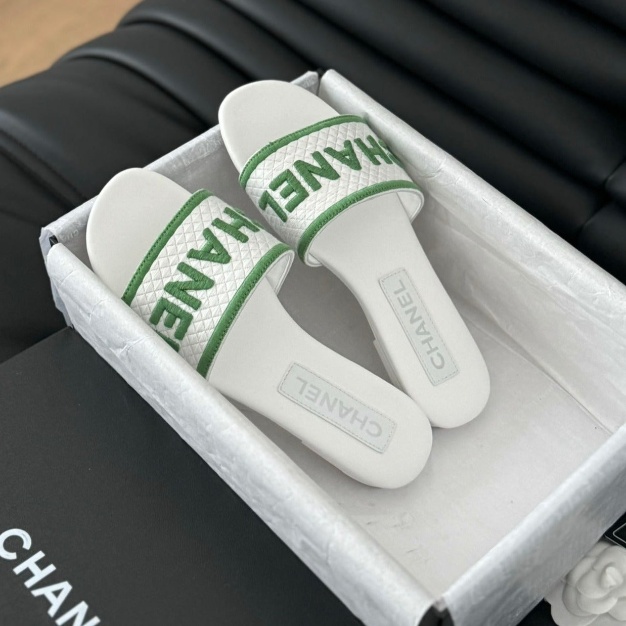 CHANEL Woven Embroidered Letter Slippers White Green
