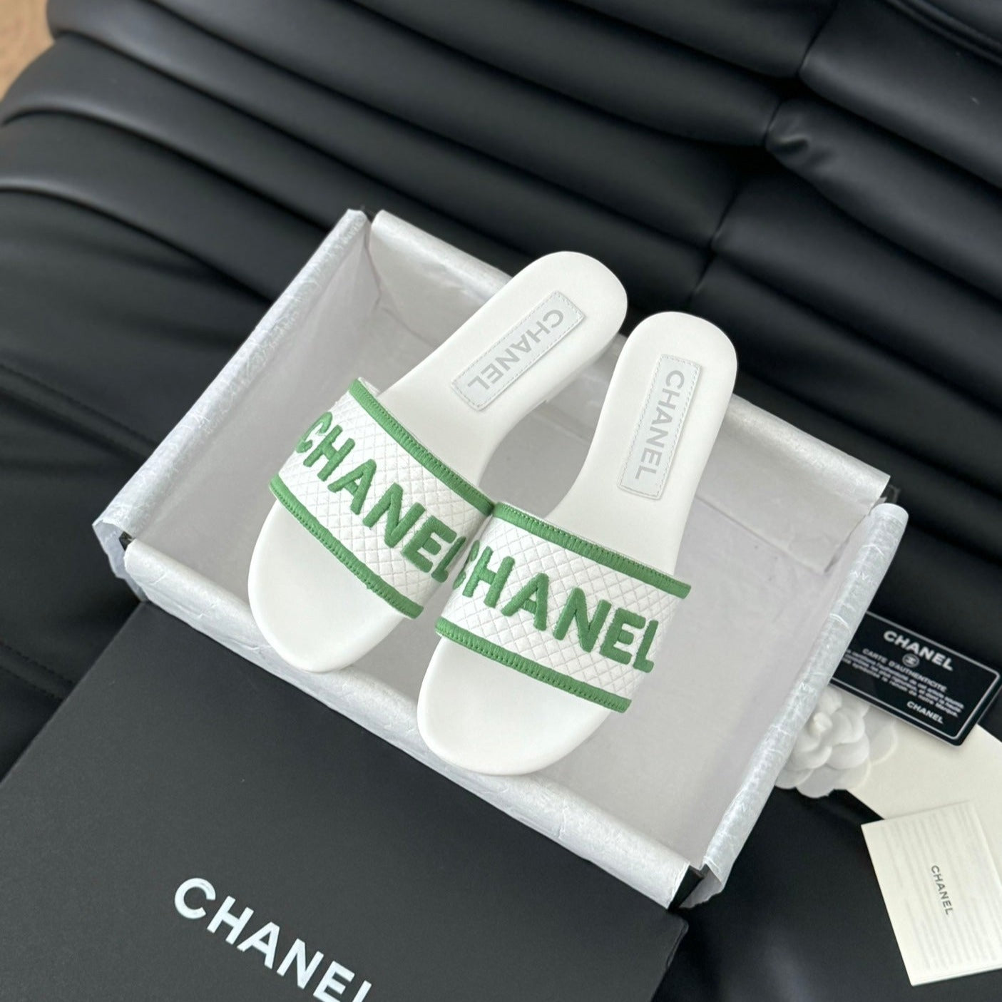 CHANEL Woven Embroidered Letter Slippers White Green