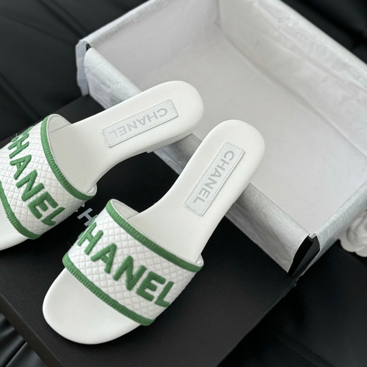 CHANEL Woven Embroidered Letter Slippers White Green