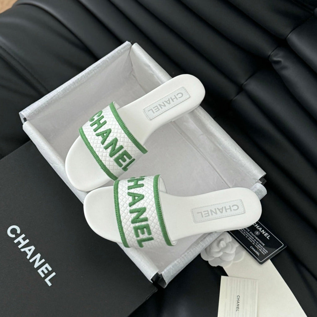 CHANEL Woven Embroidered Letter Slippers White Green