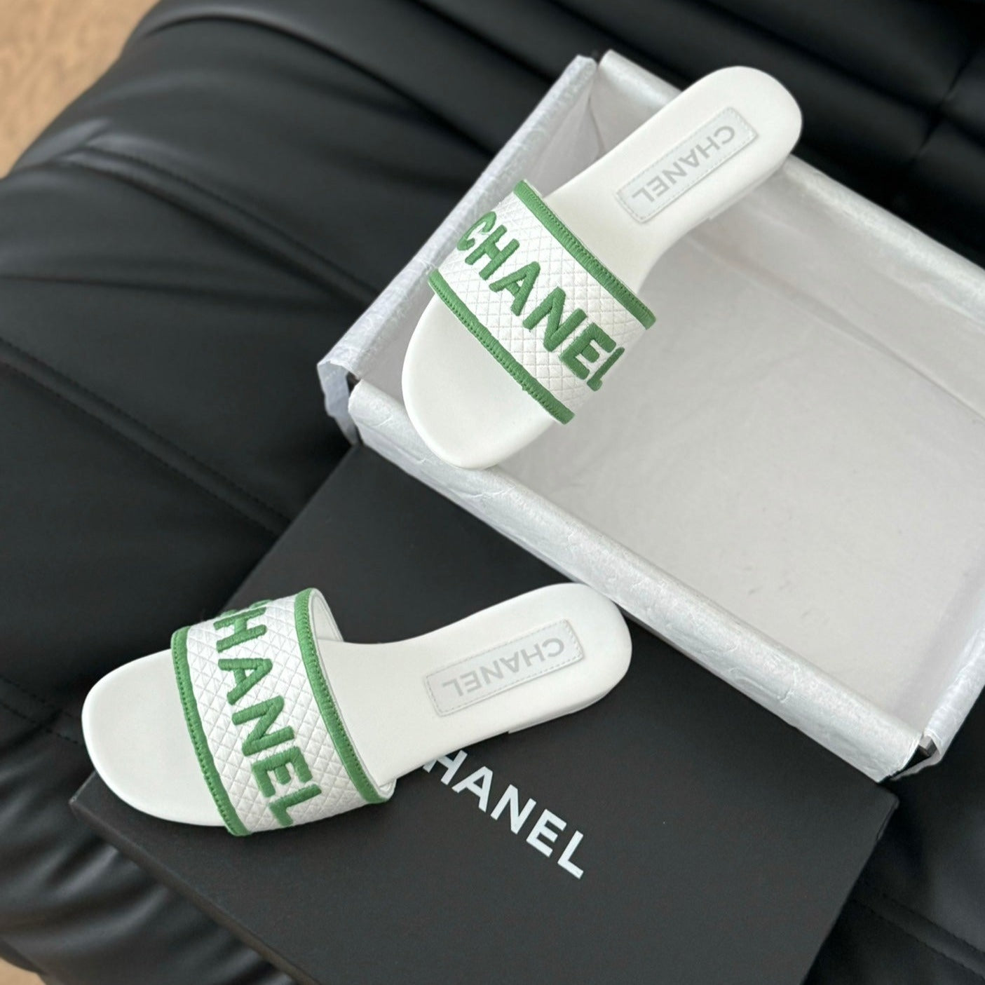 CHANEL Woven Embroidered Letter Slippers White Green