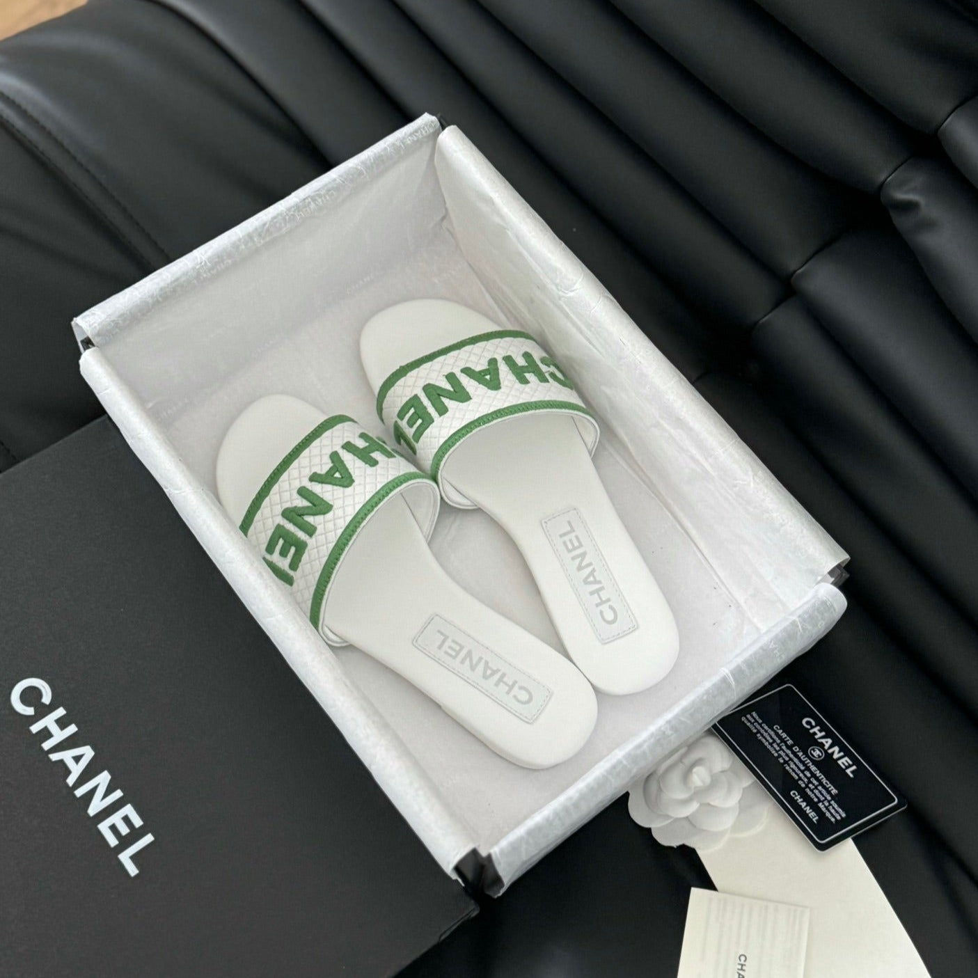 CHANEL Woven Embroidered Letter Slippers White Green