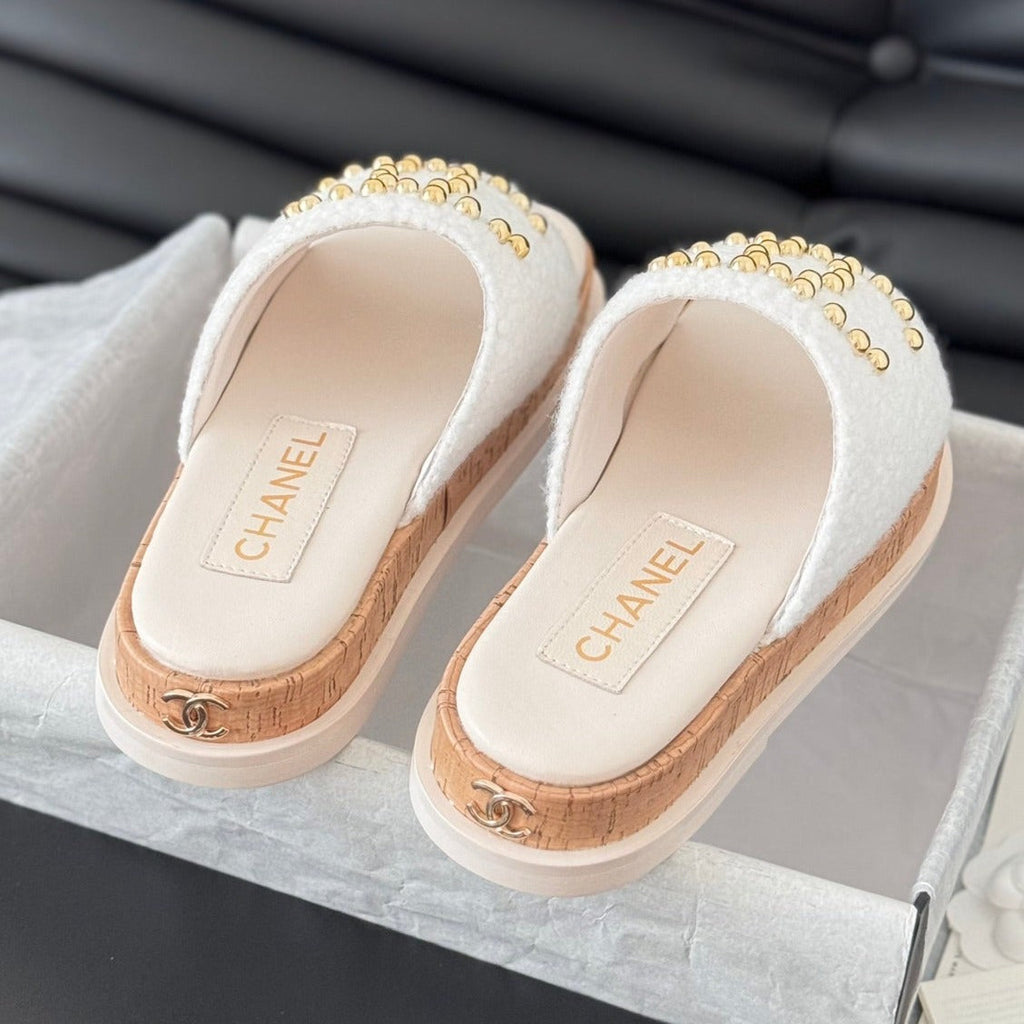CHANEL Slippers Platform Lambskin White Cream