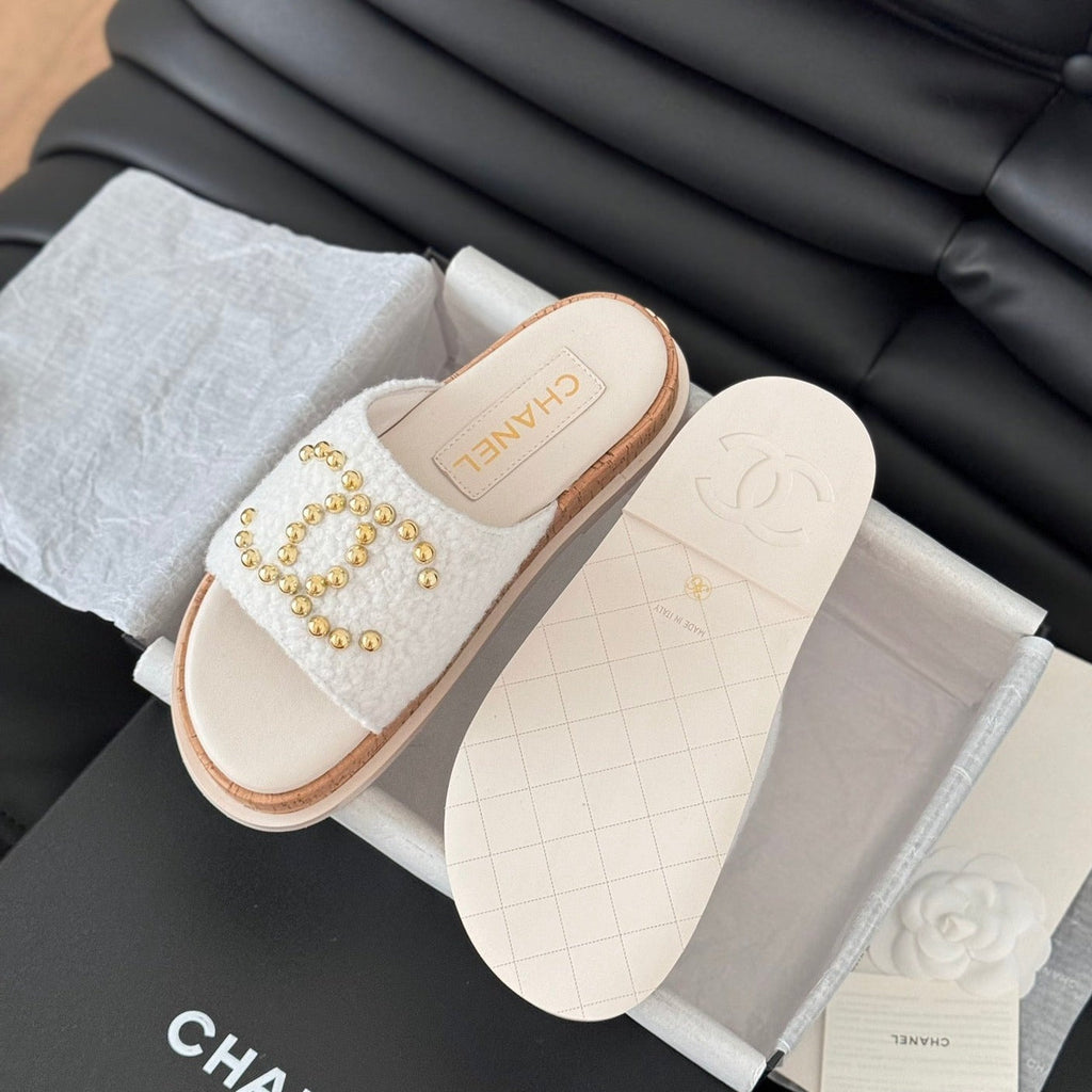 CHANEL Slippers Platform Lambskin White Cream