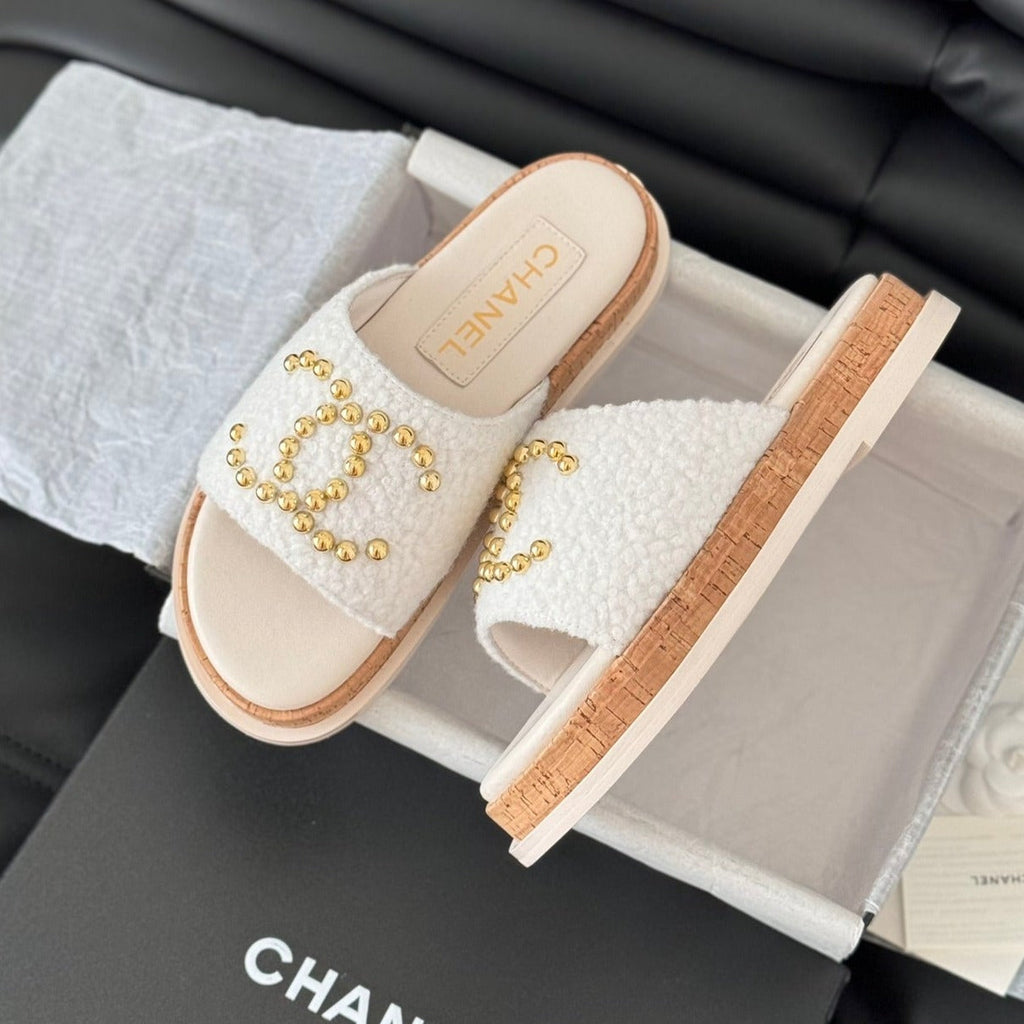 CHANEL Slippers Platform Lambskin White Cream