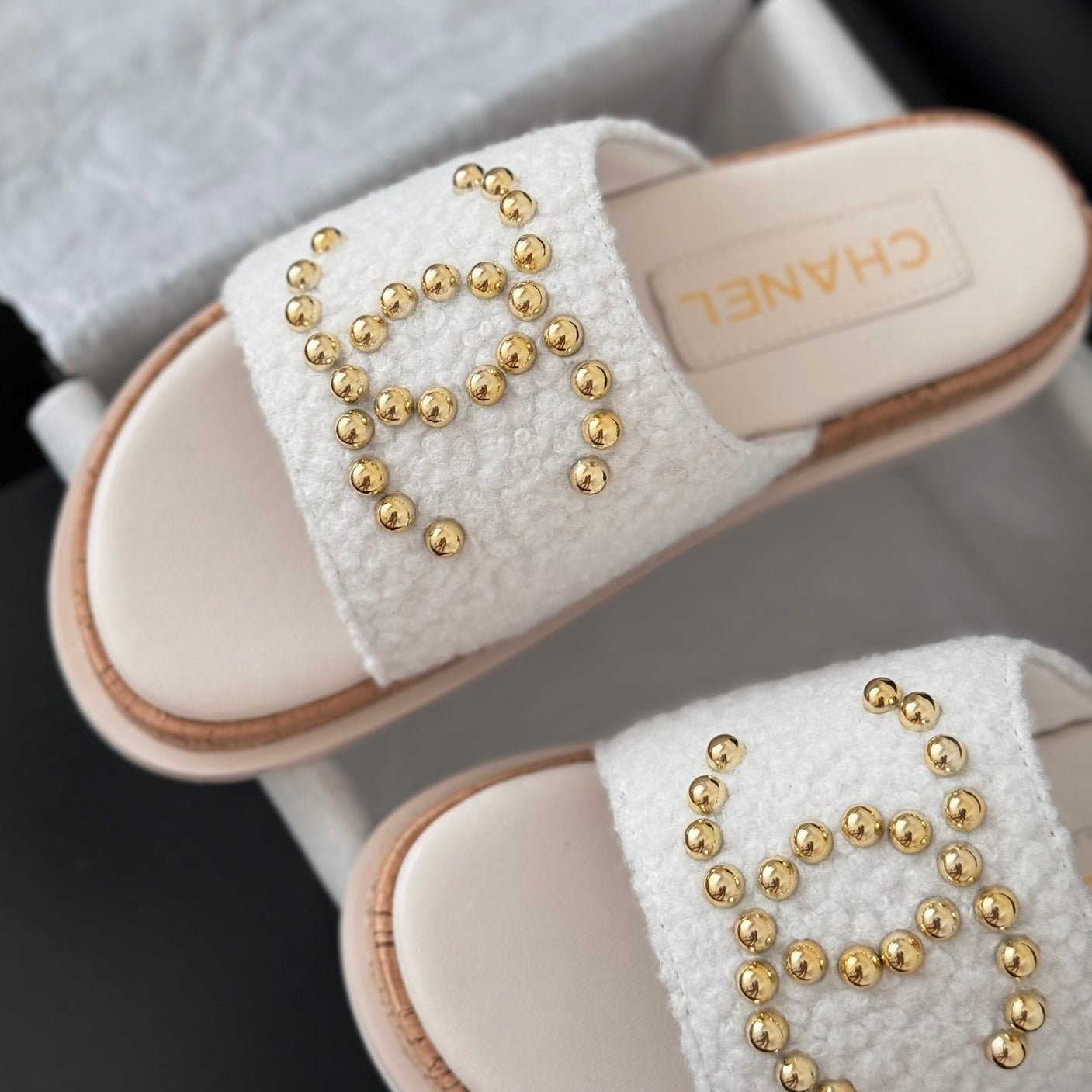 CHANEL Slippers Platform Lambskin White Cream