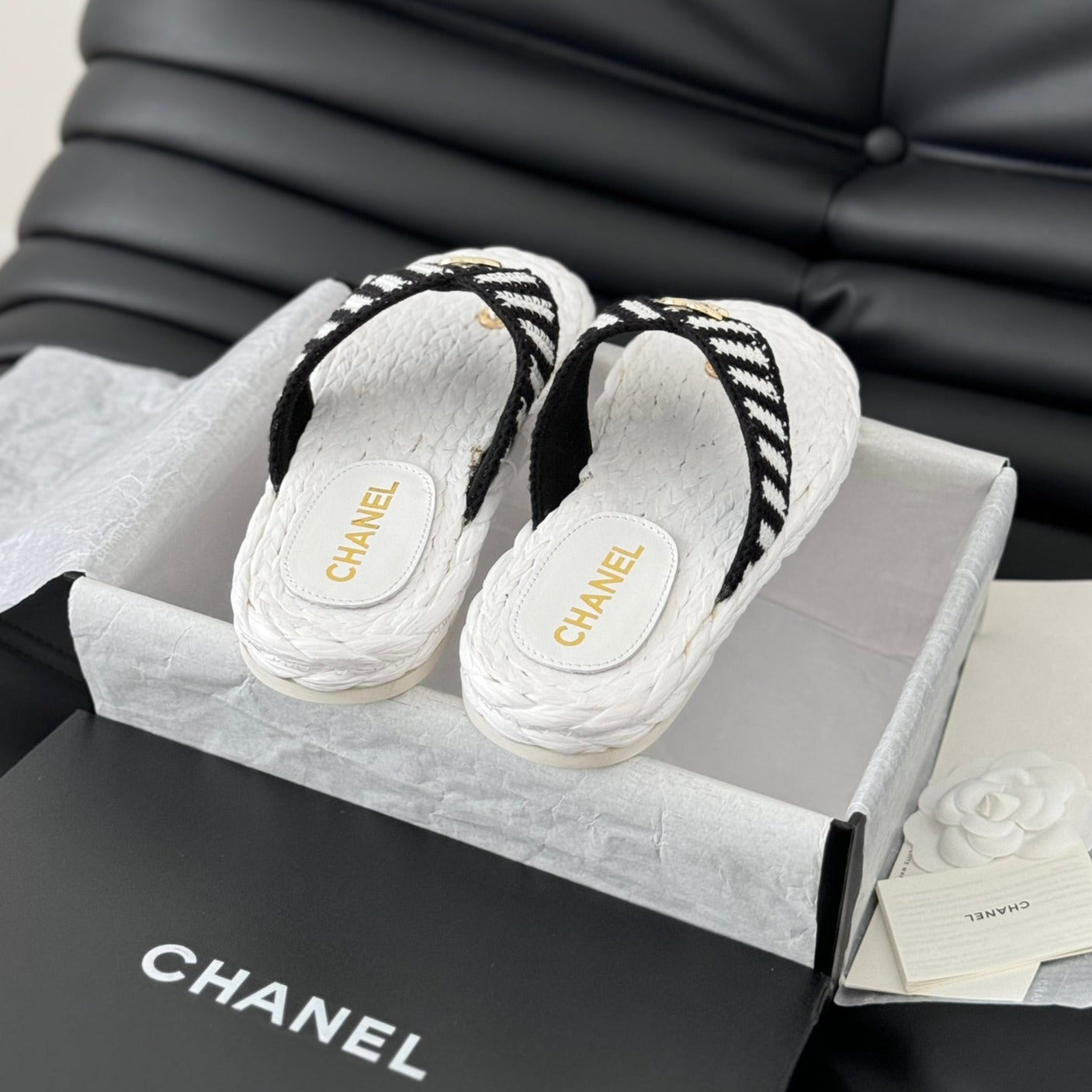 CHANEL Hottest Knit Flip-Flops White Black