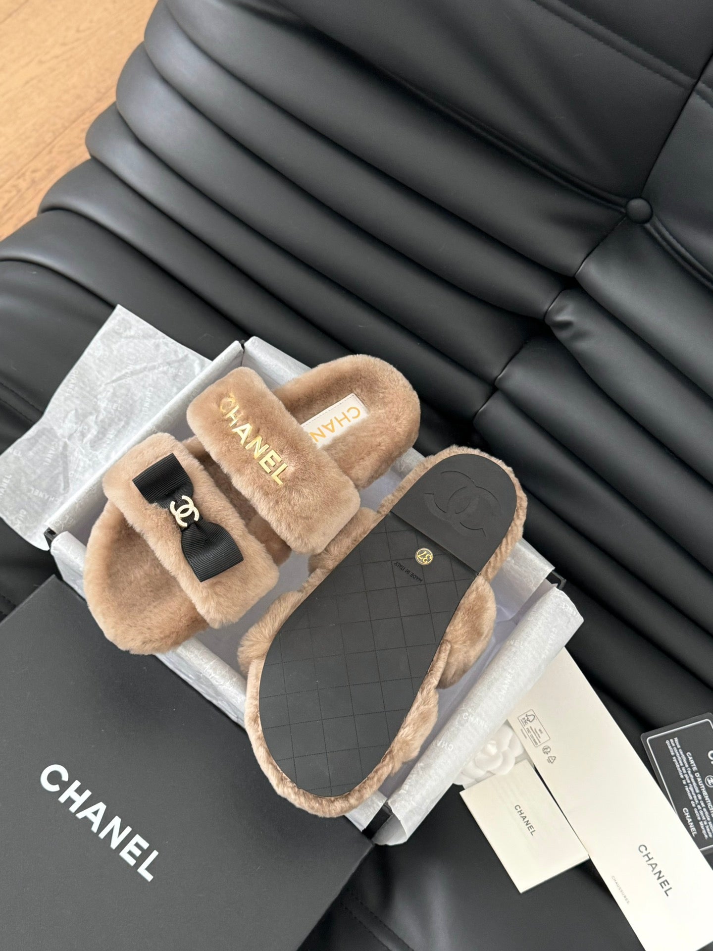 CHANEL DAD SANDAL MULE IN CAMEL BROWN FLEECE WITH GOLD HARDWARE