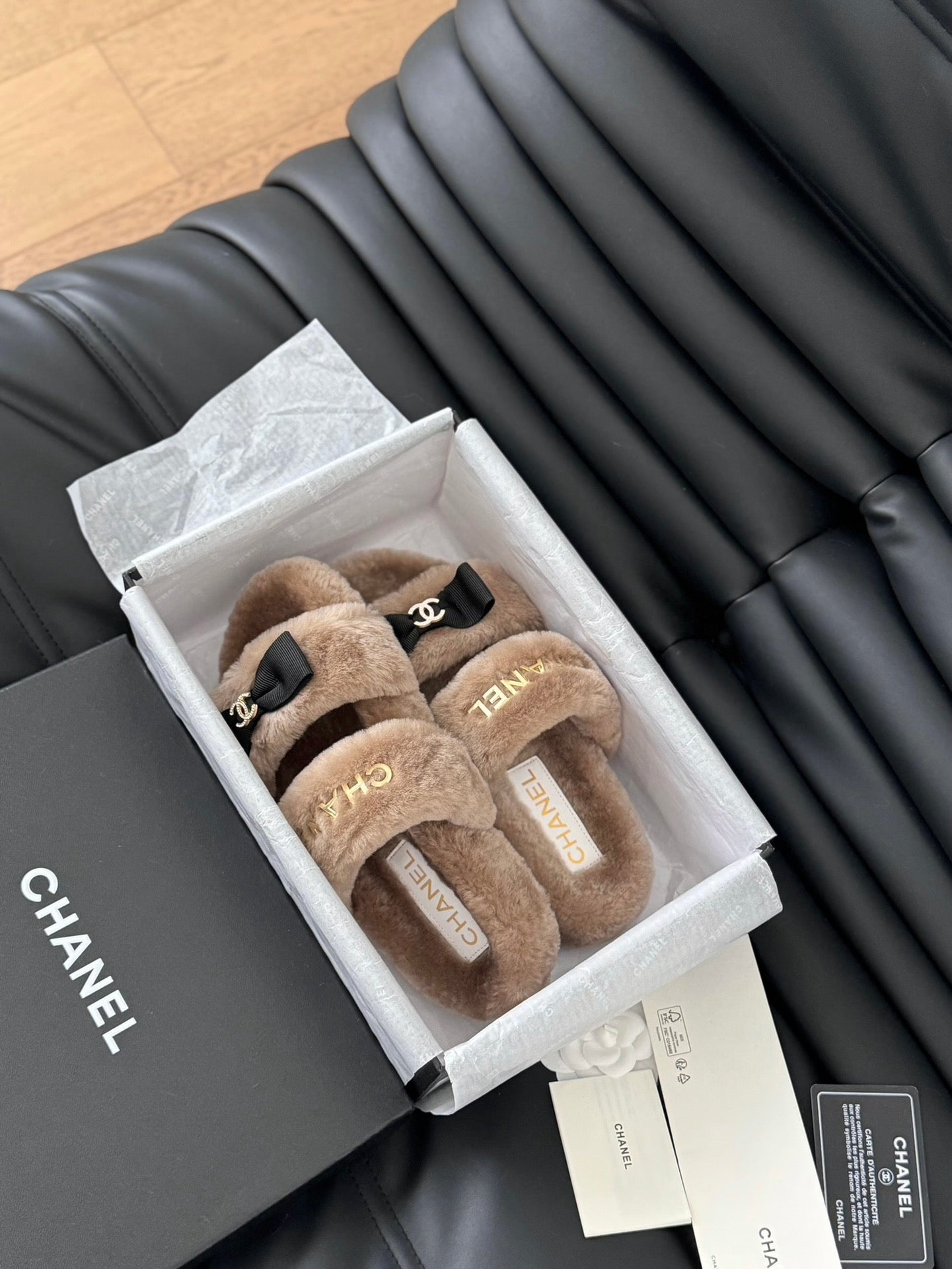 CHANEL DAD SANDAL MULE IN CAMEL BROWN FLEECE WITH GOLD HARDWARE