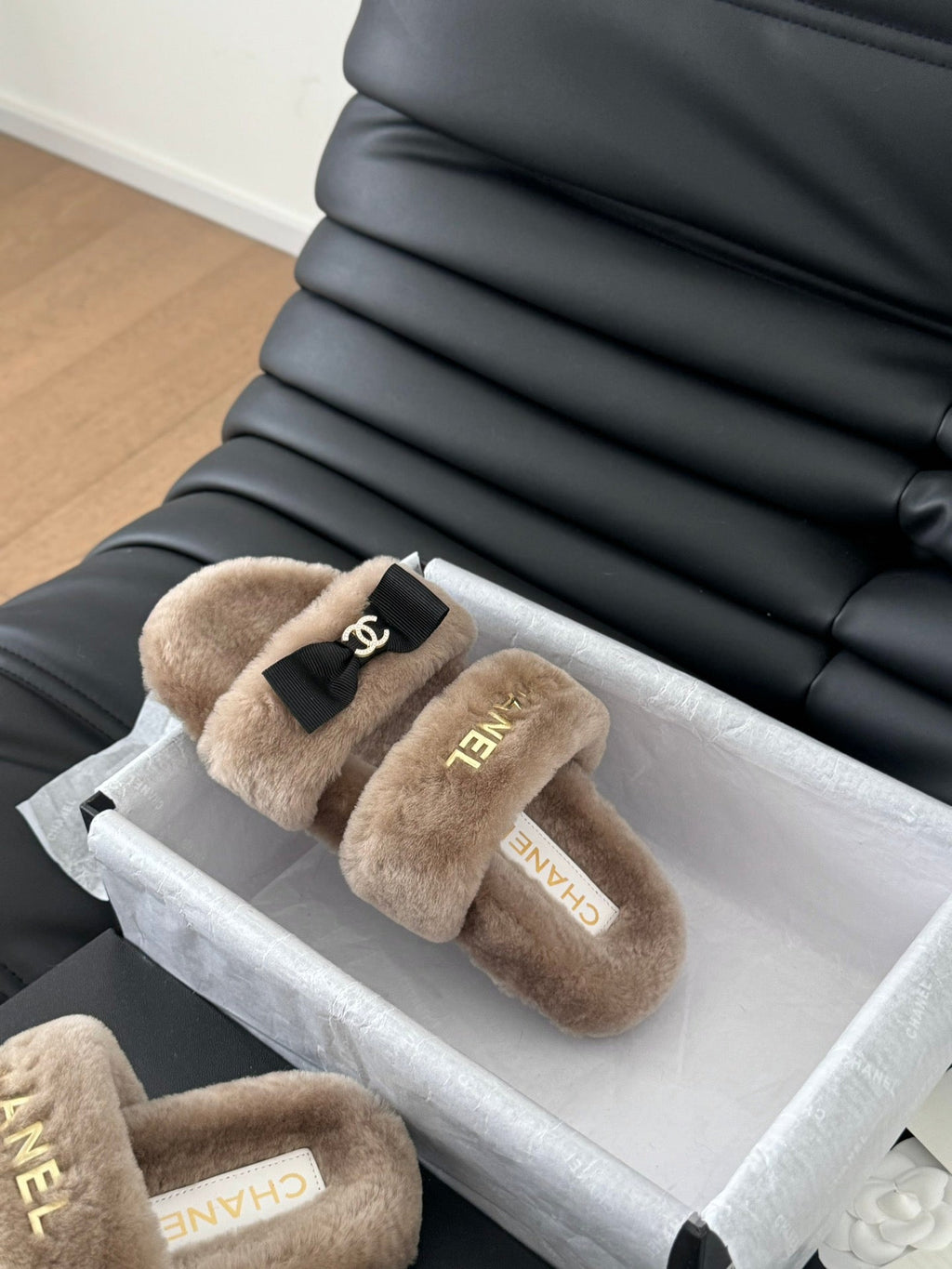CHANEL DAD SANDAL MULE IN CAMEL BROWN FLEECE WITH GOLD HARDWARE