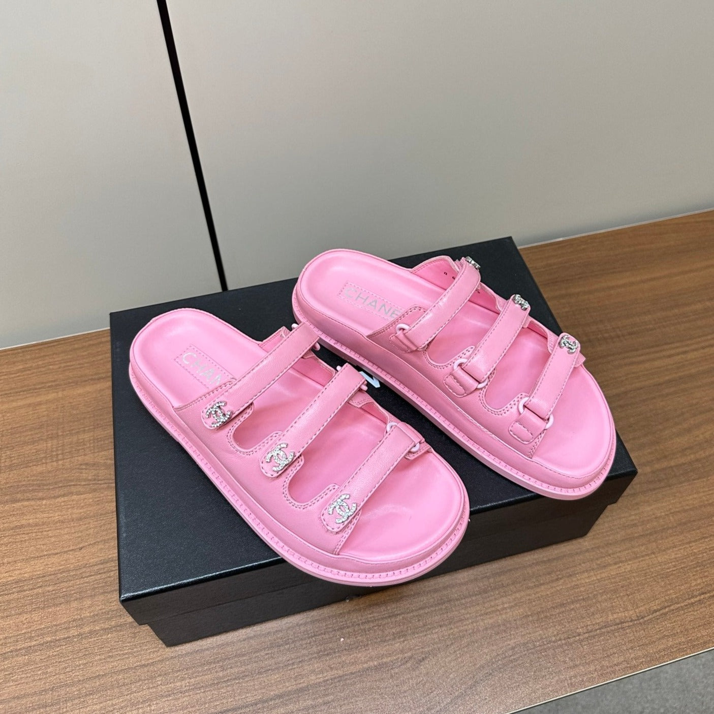 CHANEL dad sandals pink 3 rows lambskin mules