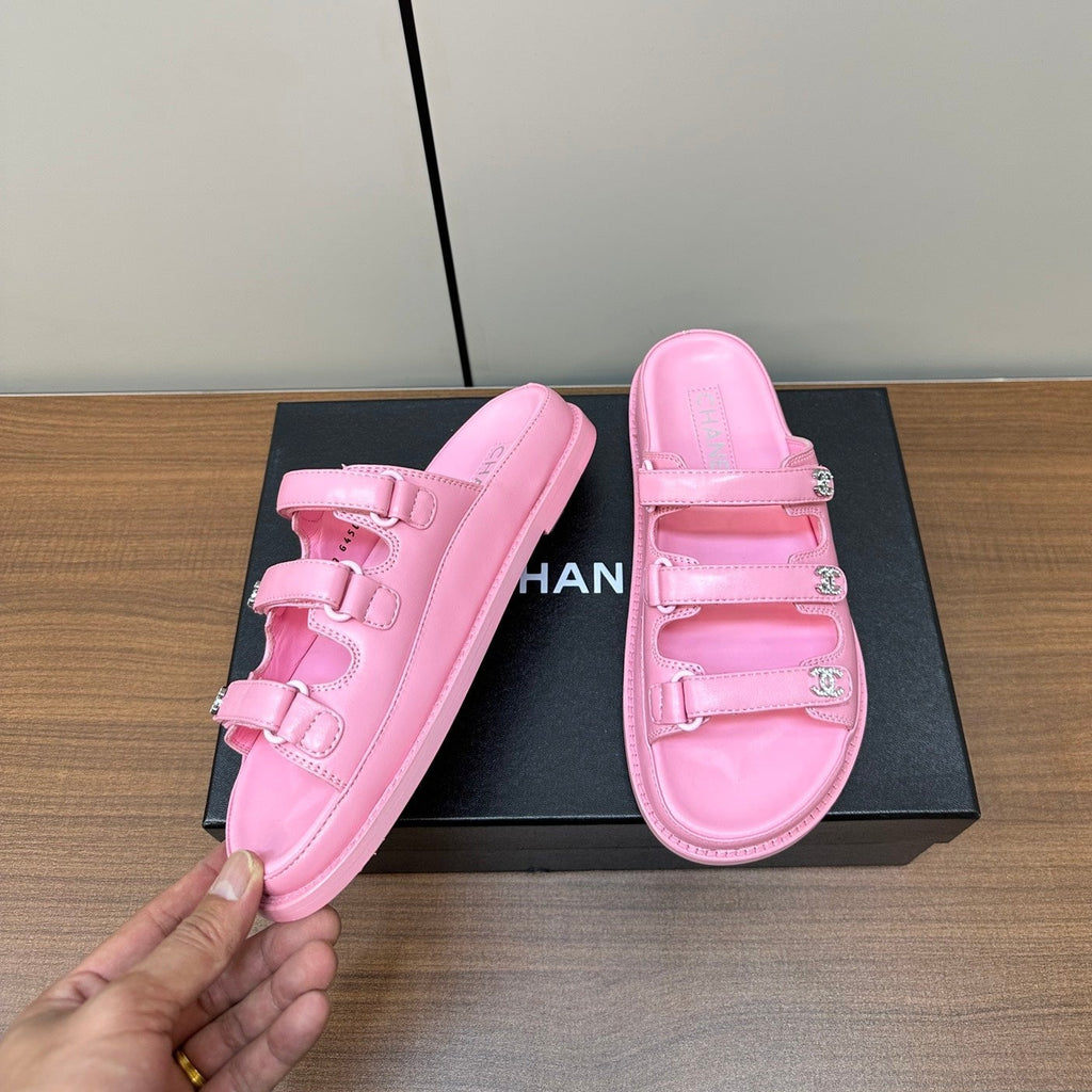 CHANEL dad sandals pink 3 rows lambskin mules