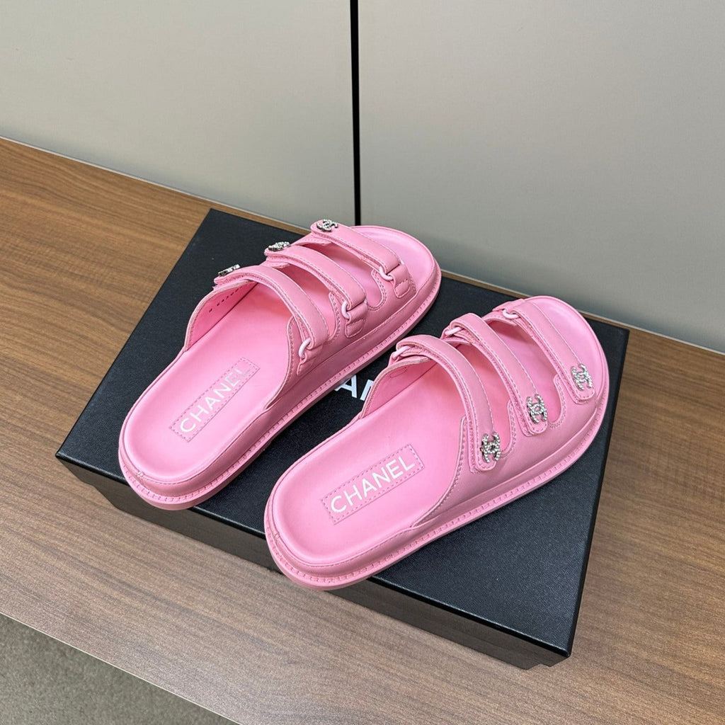 CHANEL dad sandals pink 3 rows lambskin mules