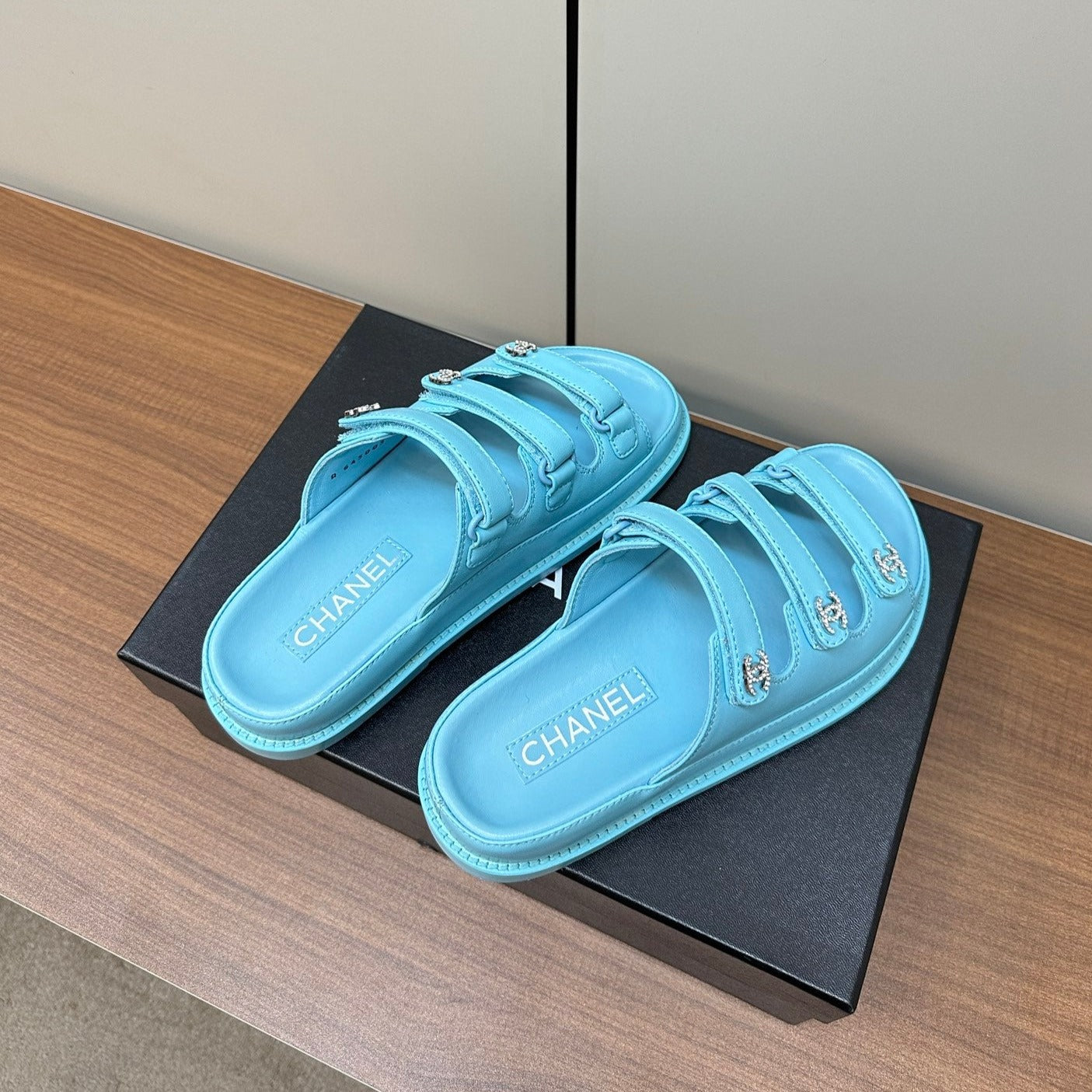 CHANEL dad sandals cloud blue 3 rows lambskin mules