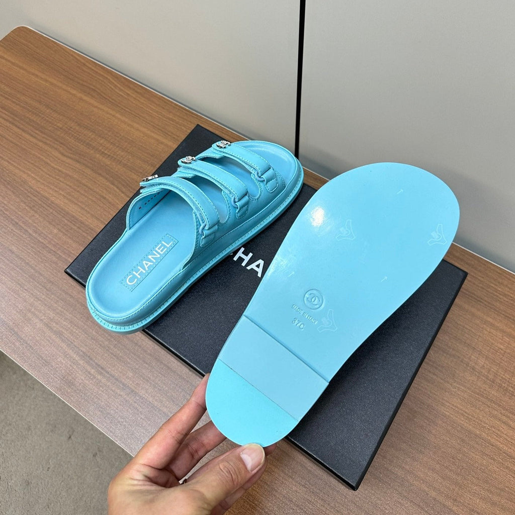 CHANEL dad sandals cloud blue 3 rows lambskin mules