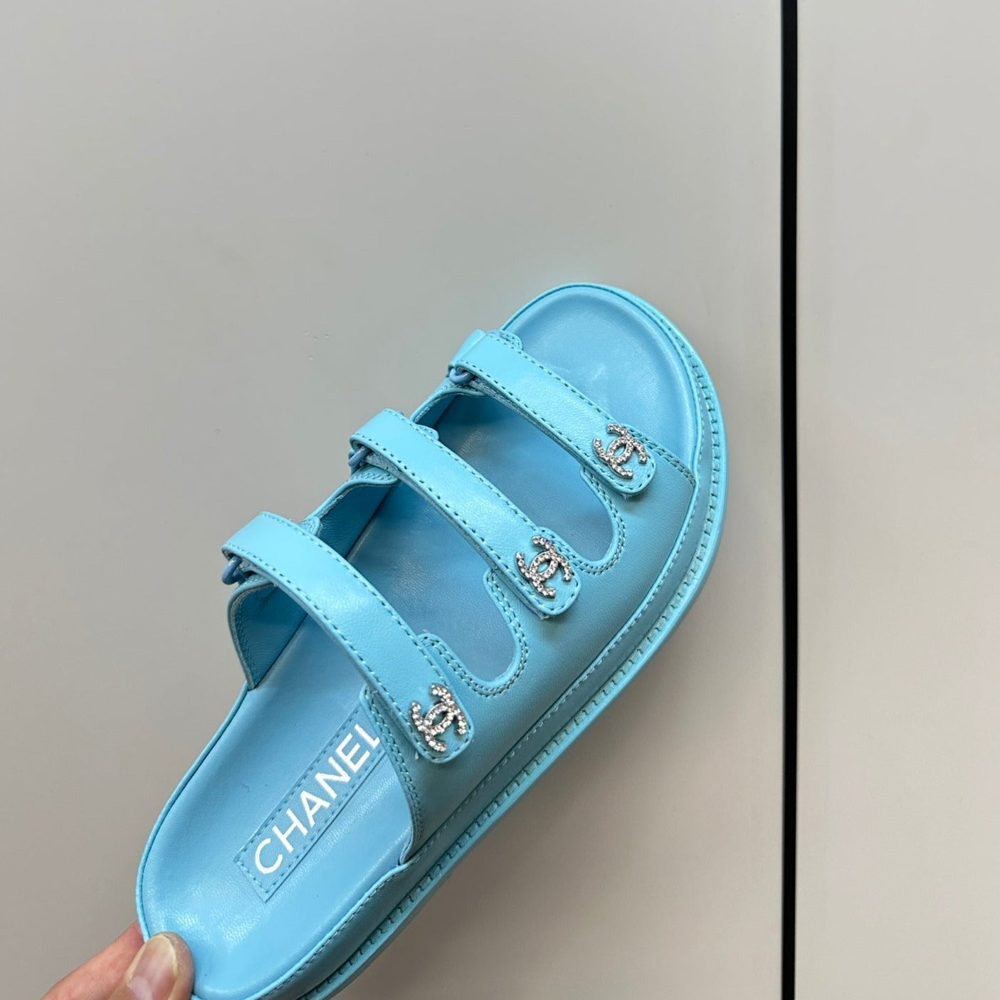 CHANEL dad sandals cloud blue 3 rows lambskin mules