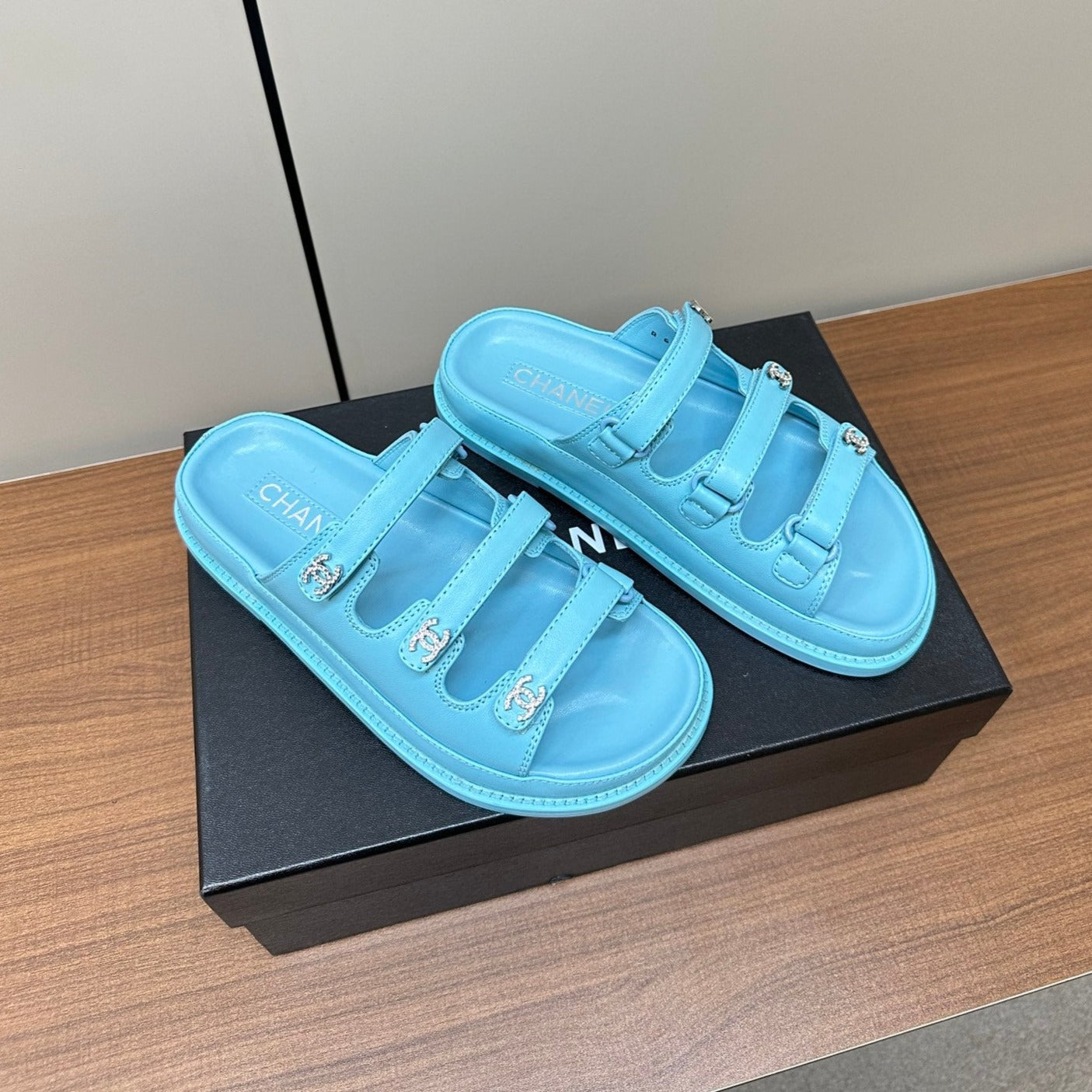 CHANEL dad sandals cloud blue 3 rows lambskin mules