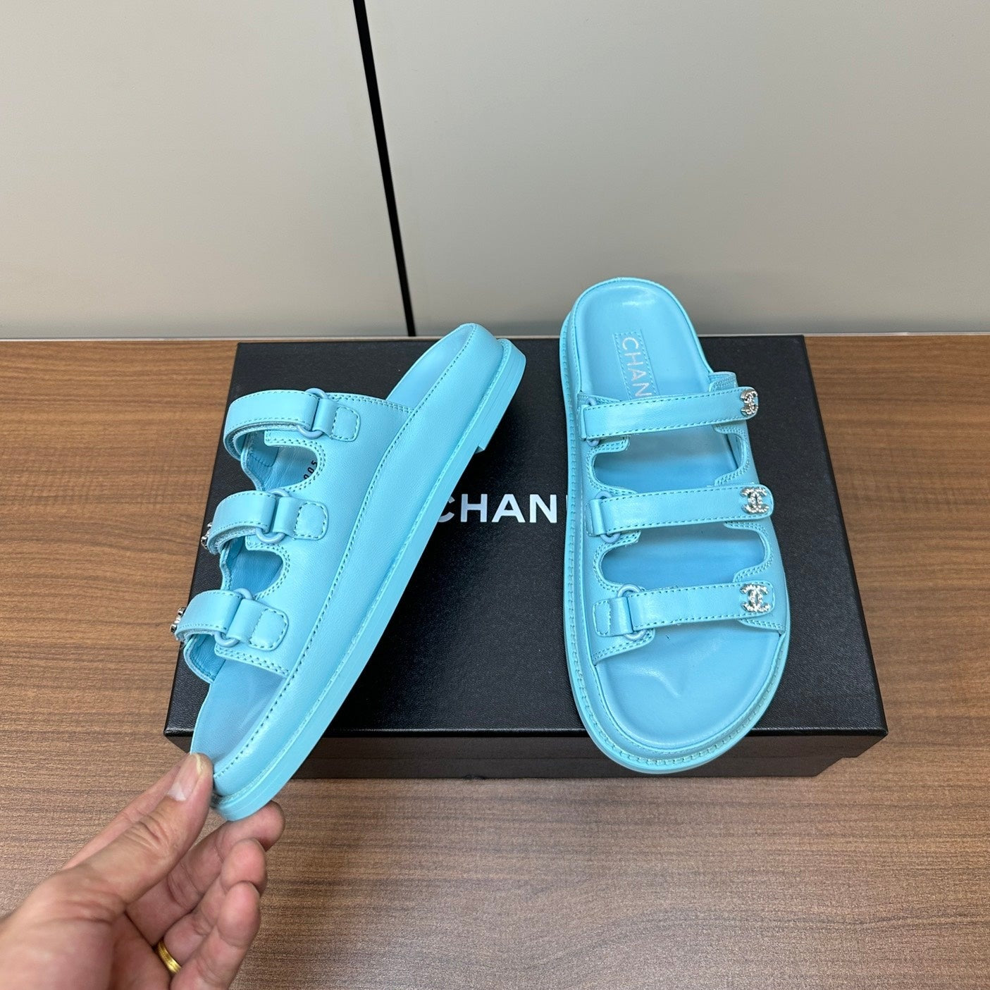 CHANEL dad sandals cloud blue 3 rows lambskin mules