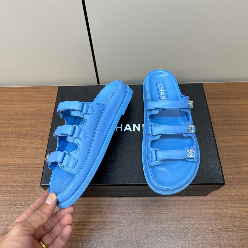 CHANEL dad sandals dodger blue 3 rows lambskin mules