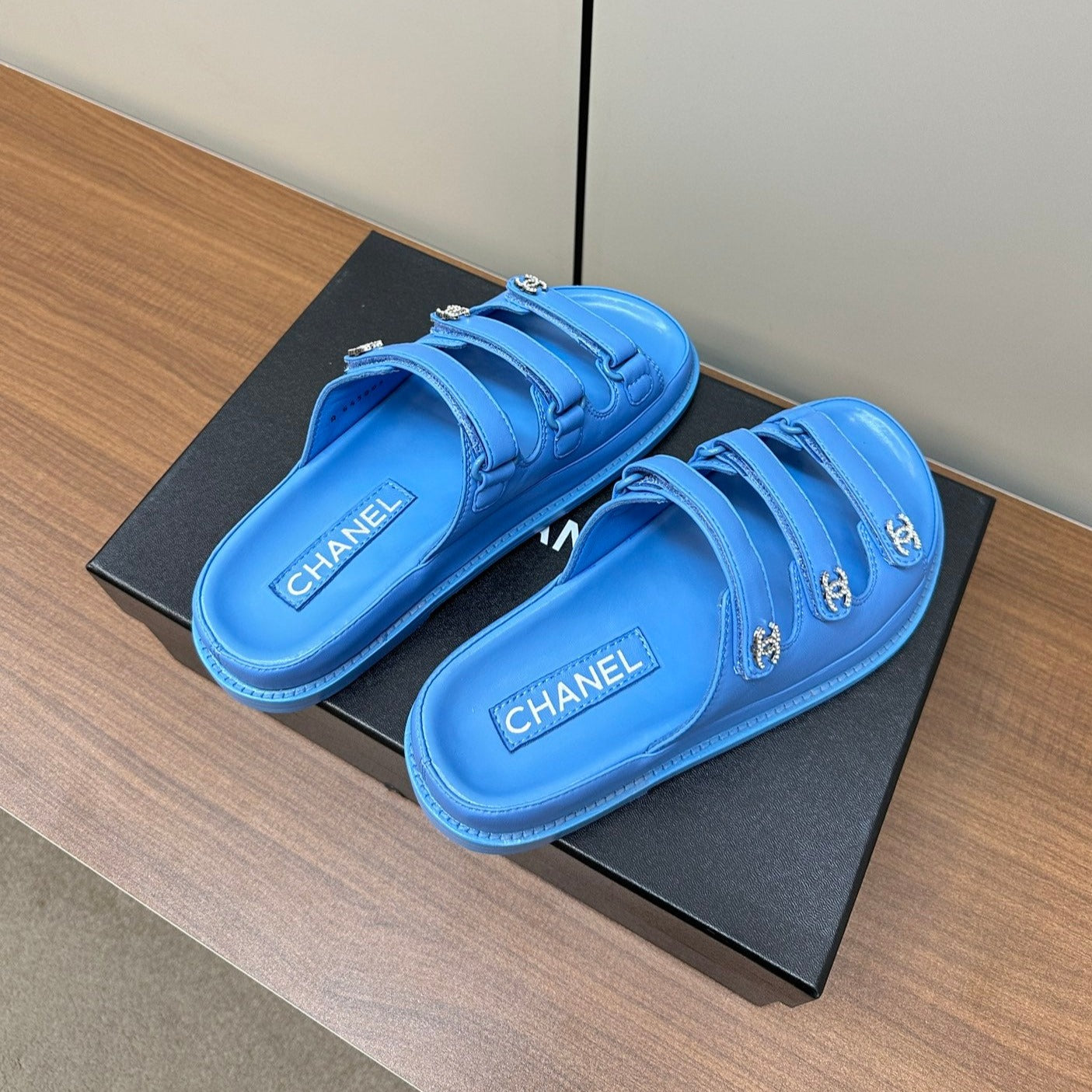 CHANEL dad sandals dodger blue 3 rows lambskin mules