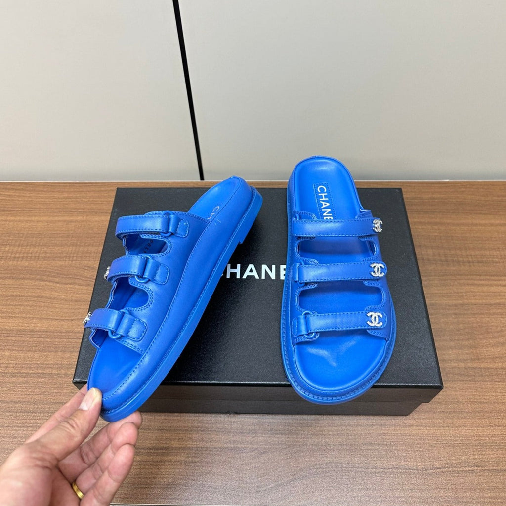 CHANEL dad sandals blue 3 rows lambskin mules