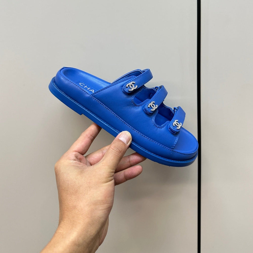 CHANEL dad sandals blue 3 rows lambskin mules
