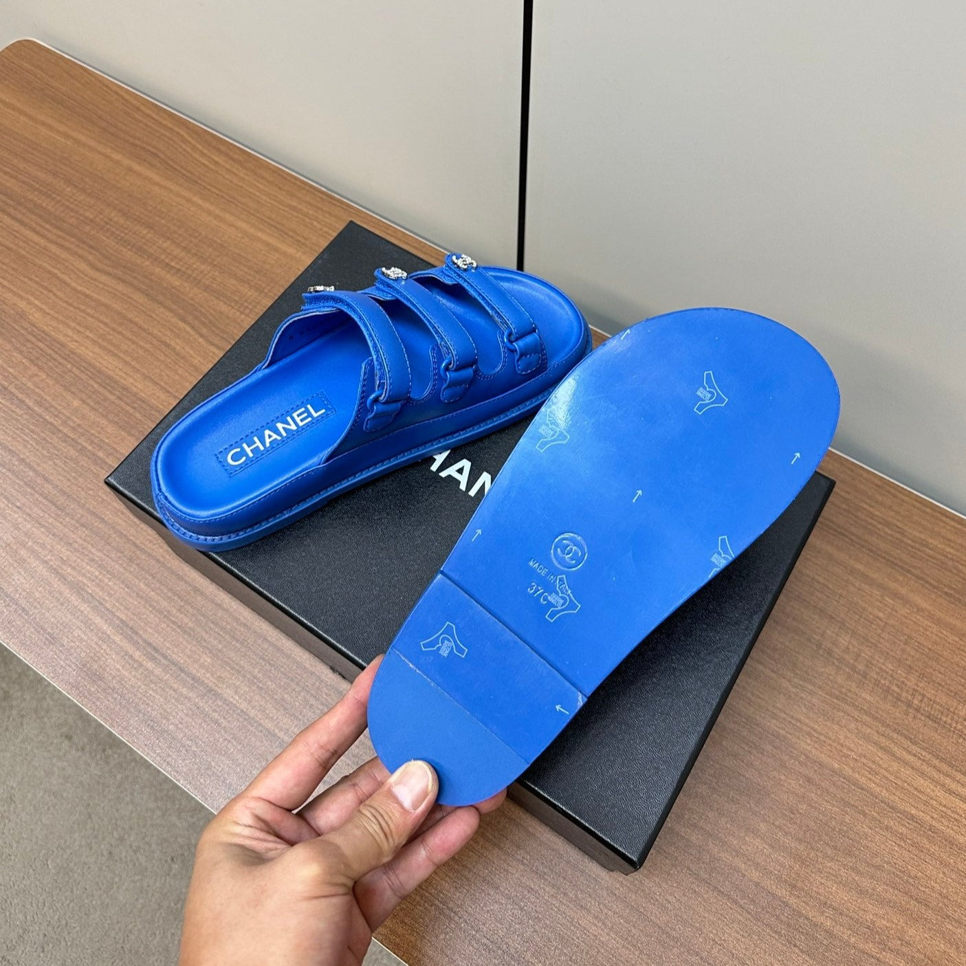 CHANEL dad sandals blue 3 rows lambskin mules