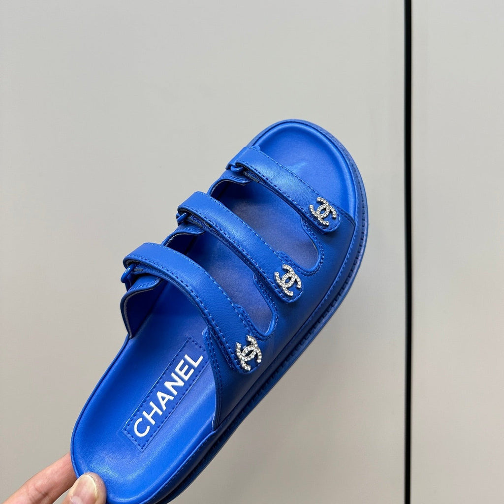 CHANEL dad sandals blue 3 rows lambskin mules