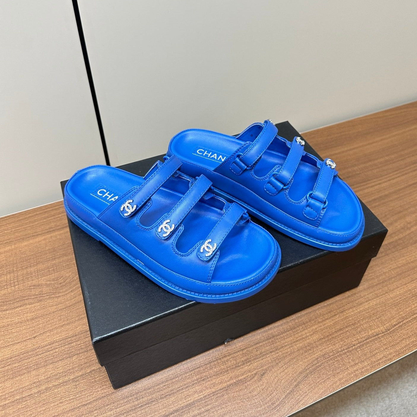 CHANEL dad sandals blue 3 rows lambskin mules