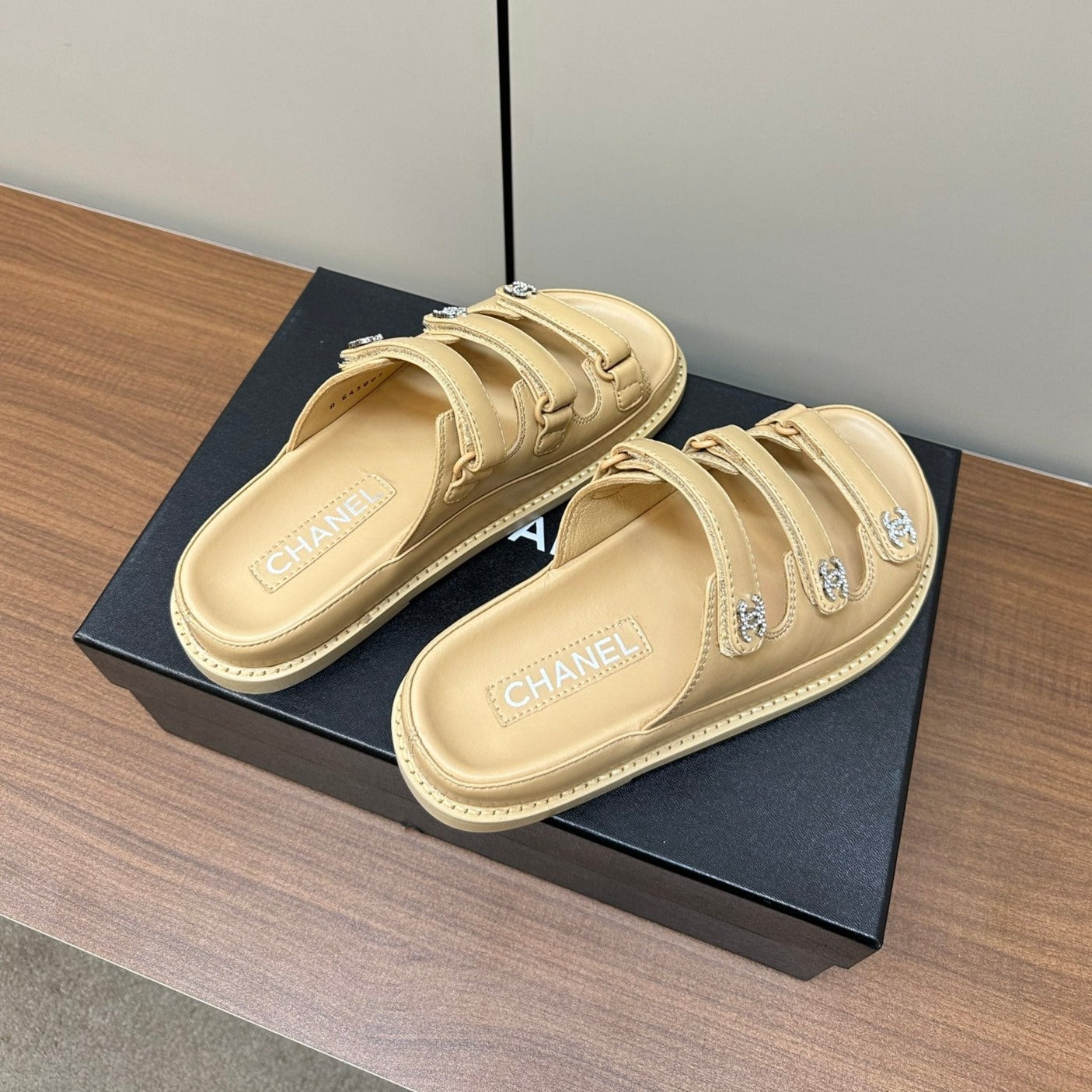 CHANEL dad sandals cream 3 rows lambskin mules
