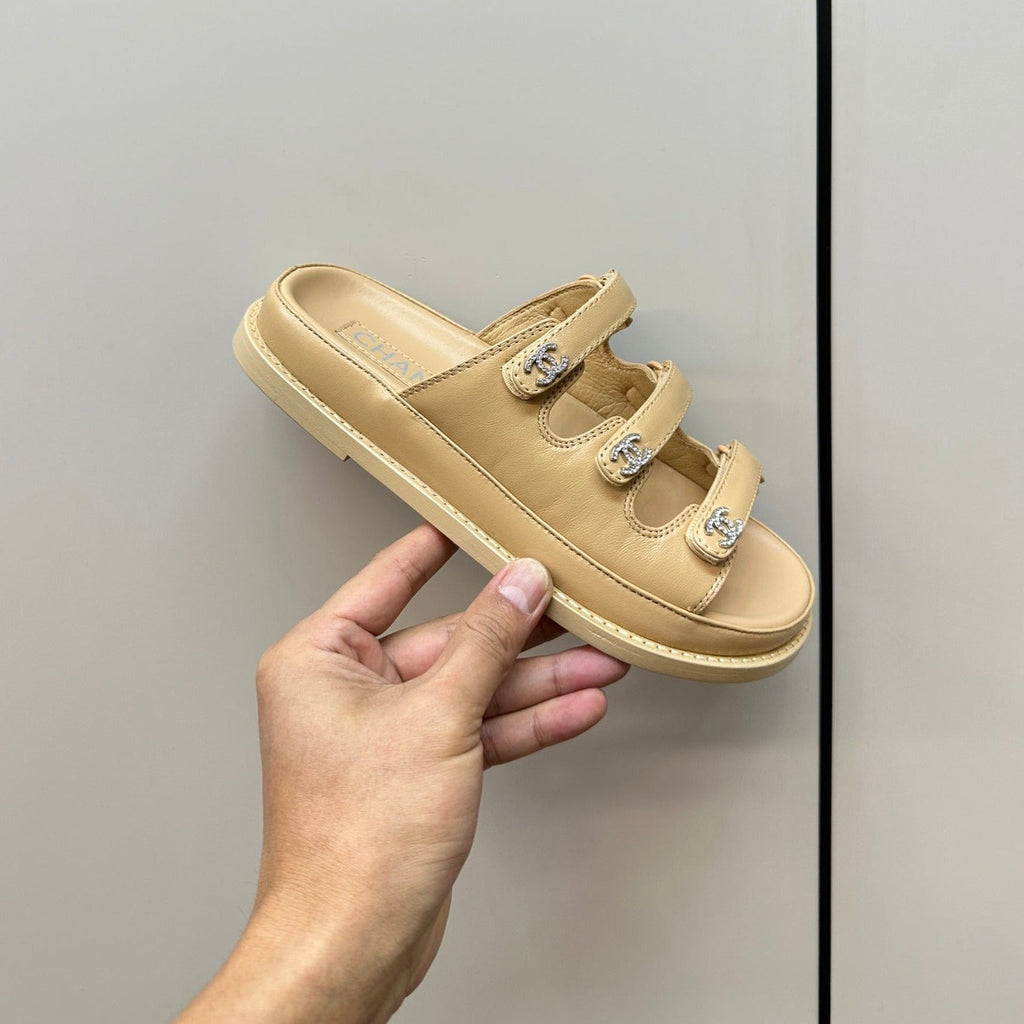 CHANEL dad sandals cream 3 rows lambskin mules