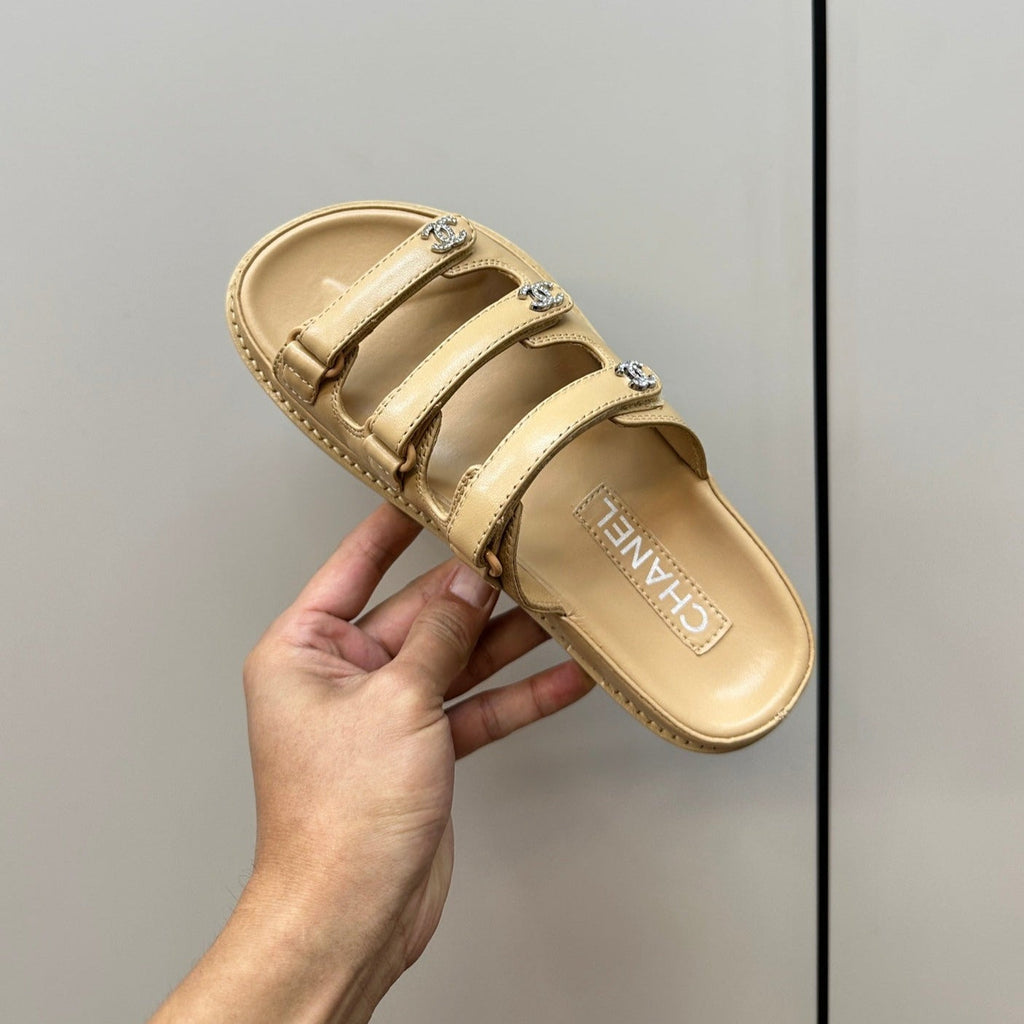 CHANEL dad sandals cream 3 rows lambskin mules