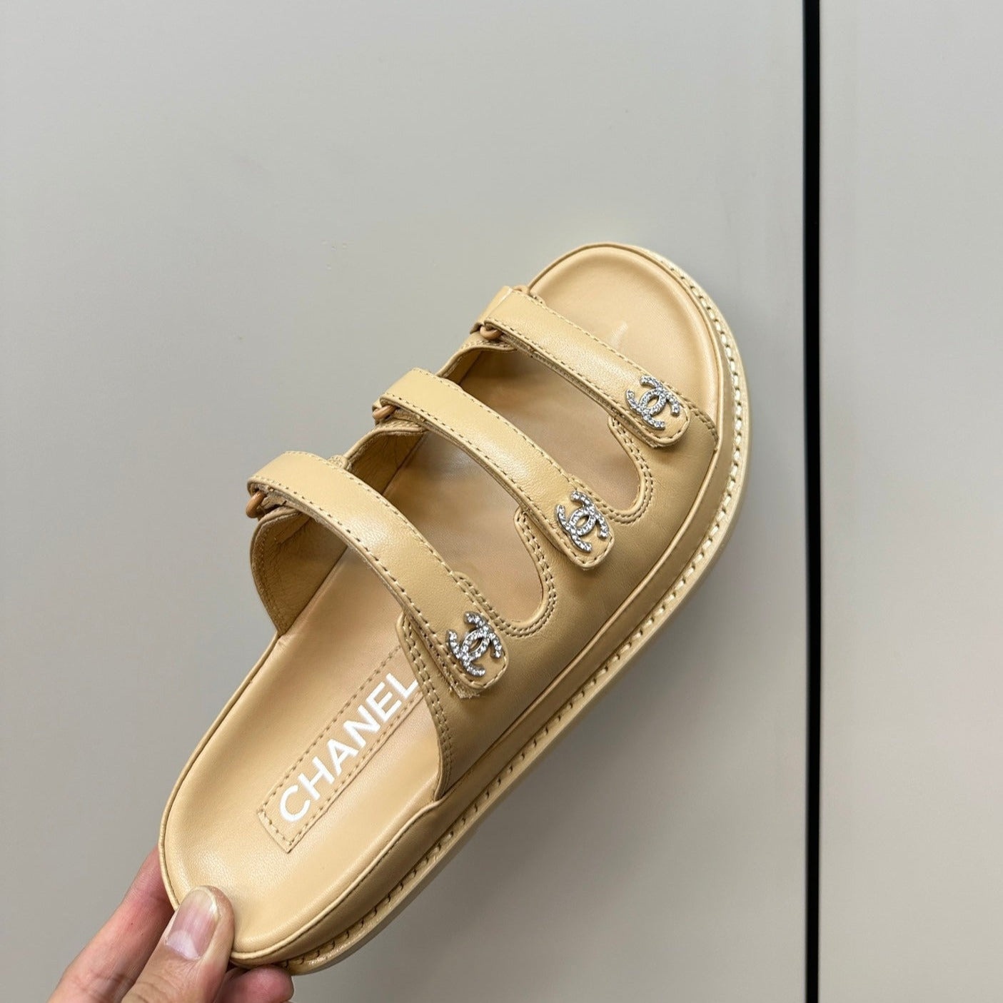 CHANEL dad sandals cream 3 rows lambskin mules