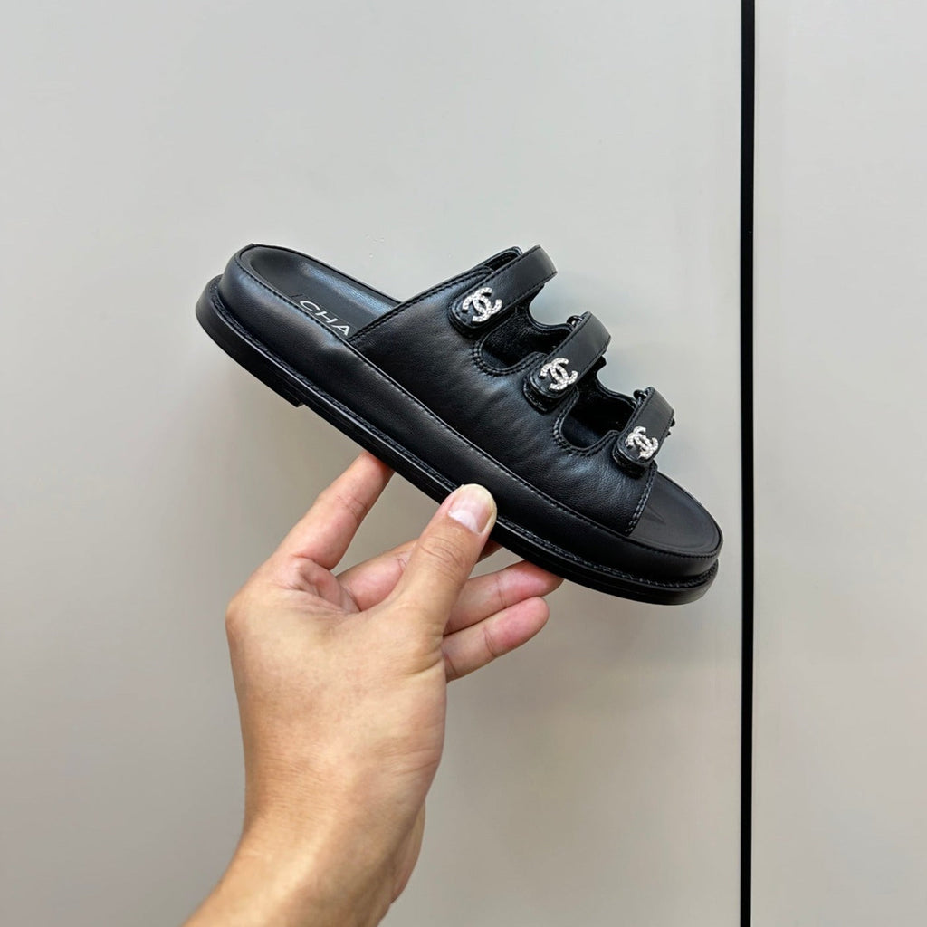 CHANEL dad sandals black 3 rows lambskin mules