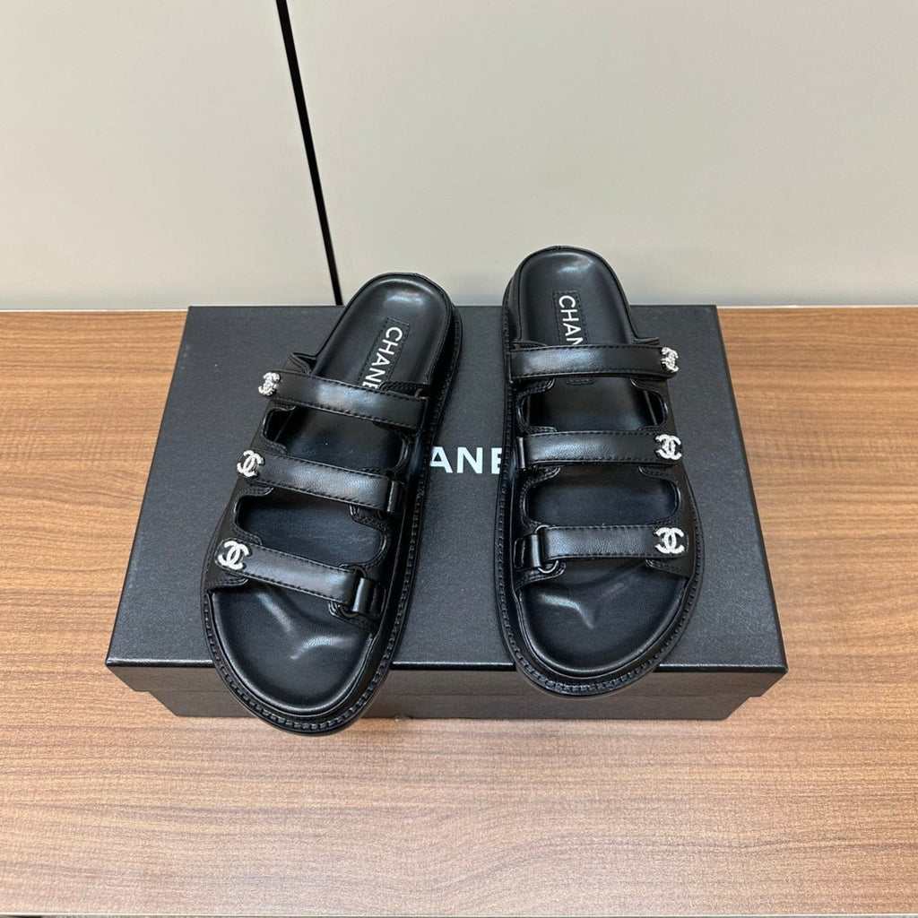 CHANEL dad sandals black 3 rows lambskin mules