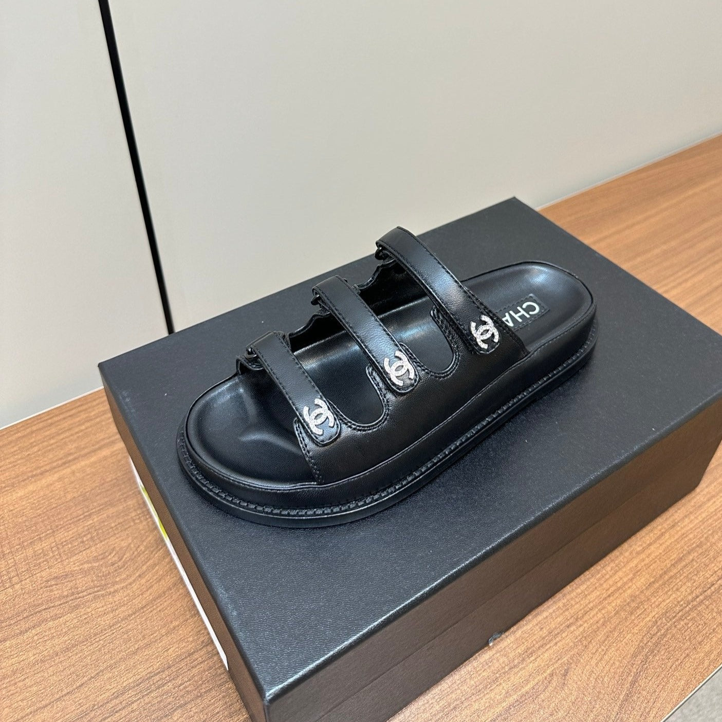 CHANEL dad sandals black 3 rows lambskin mules