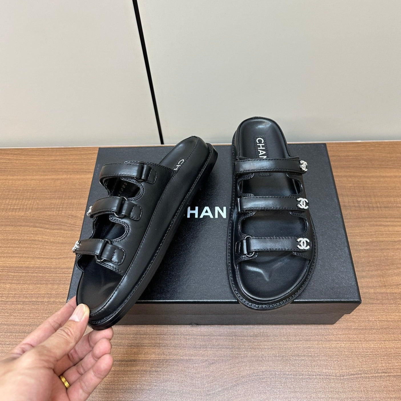 CHANEL dad sandals black 3 rows lambskin mules