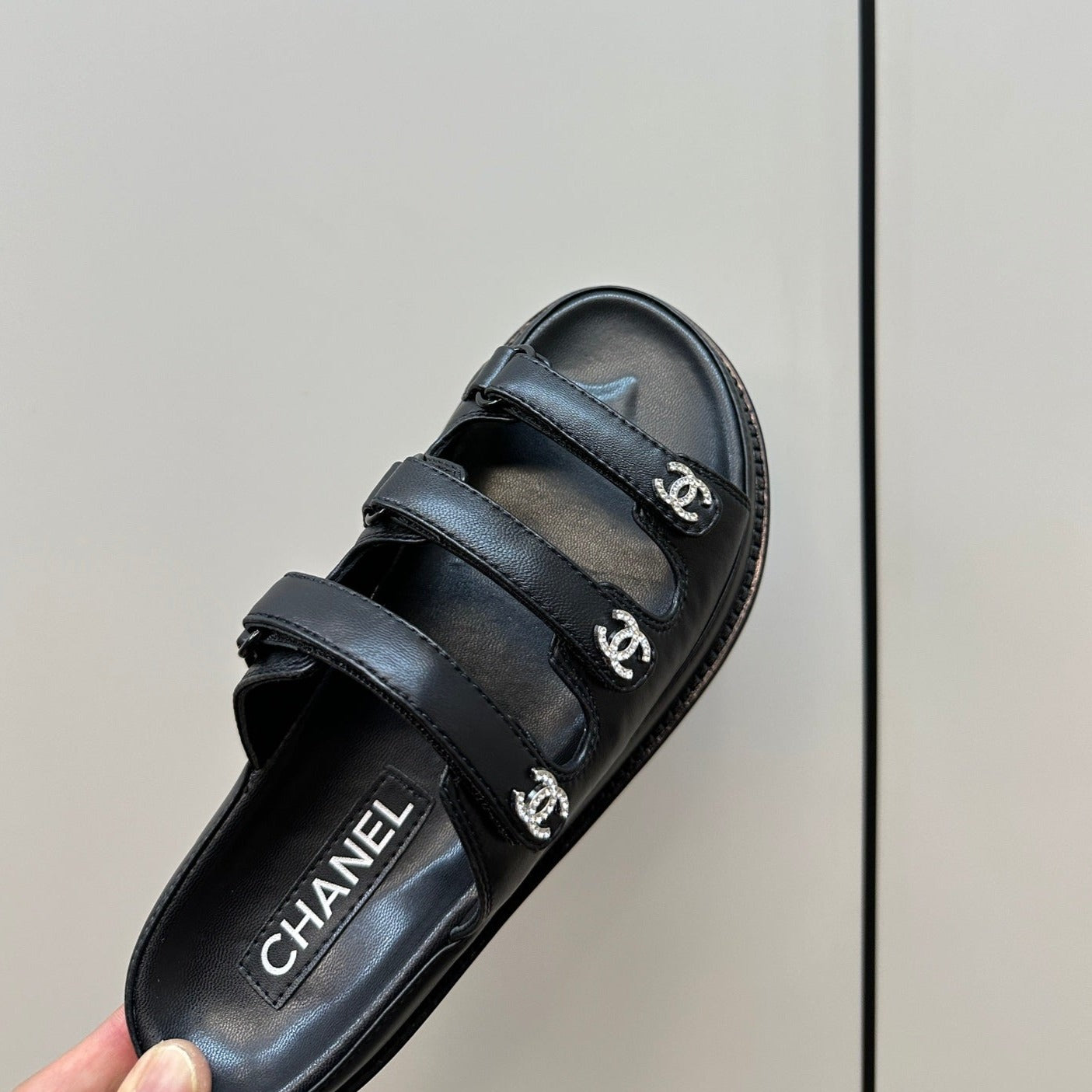 CHANEL dad sandals black 3 rows lambskin mules
