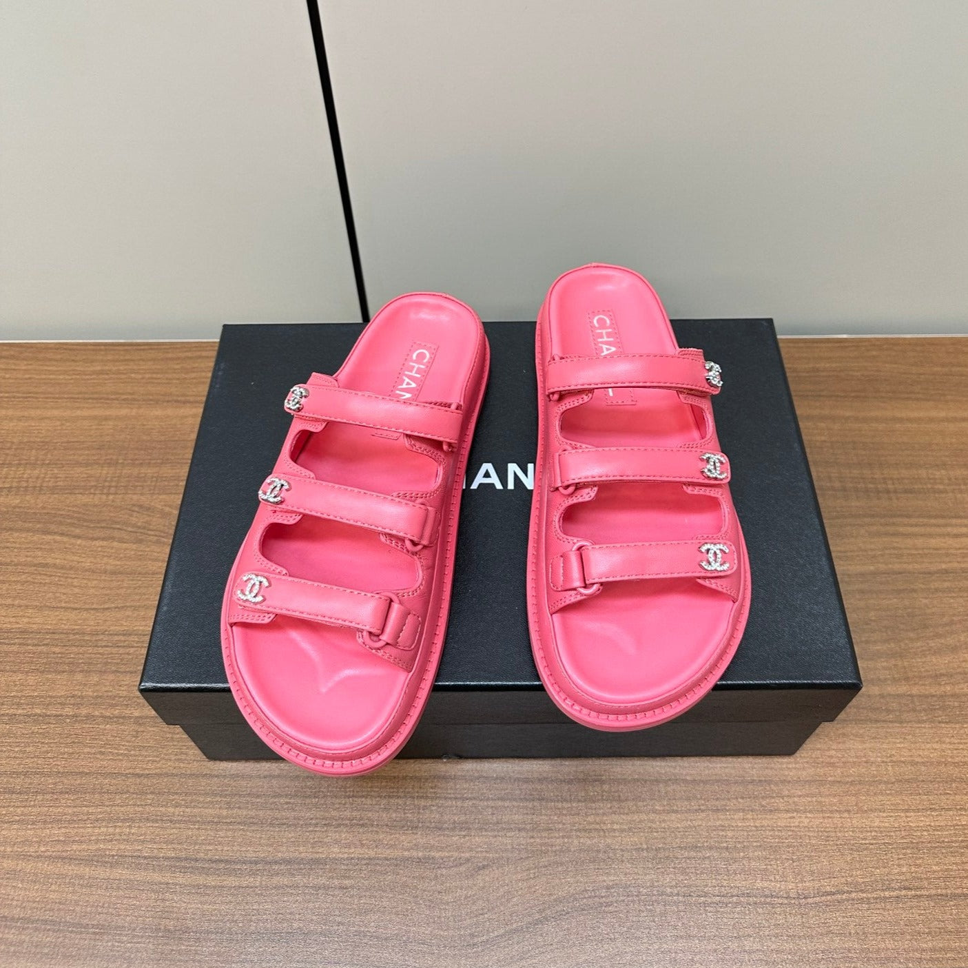 CHANEL dad sandals pink 1 3 rows lambskin mules