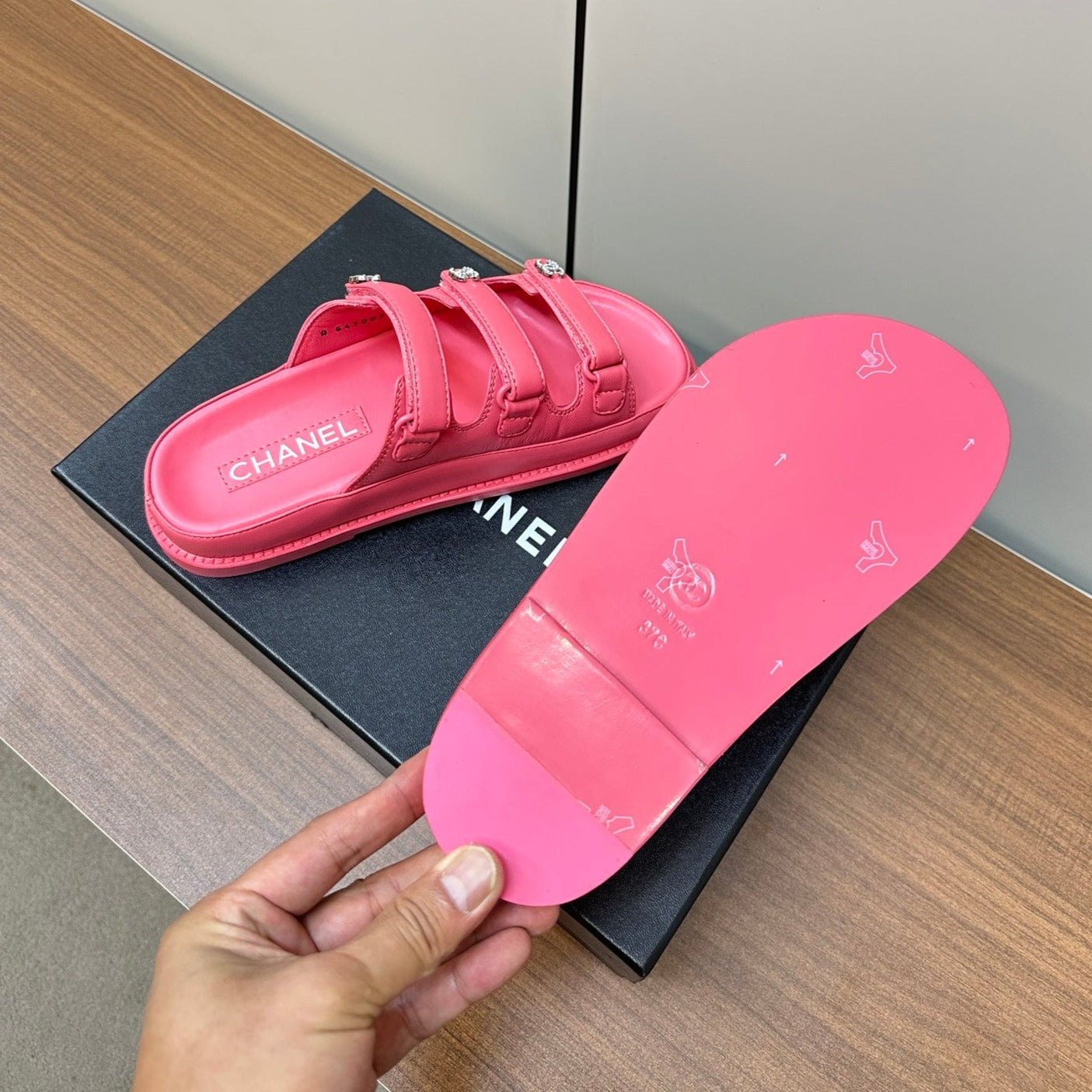 CHANEL dad sandals pink 1 3 rows lambskin mules