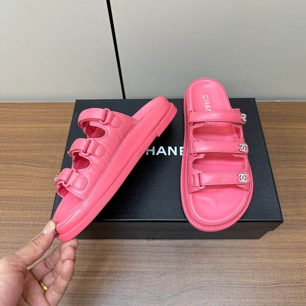 CHANEL dad sandals pink 1 3 rows lambskin mules