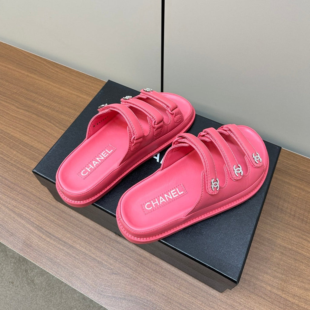 CHANEL dad sandals pink 1 3 rows lambskin mules