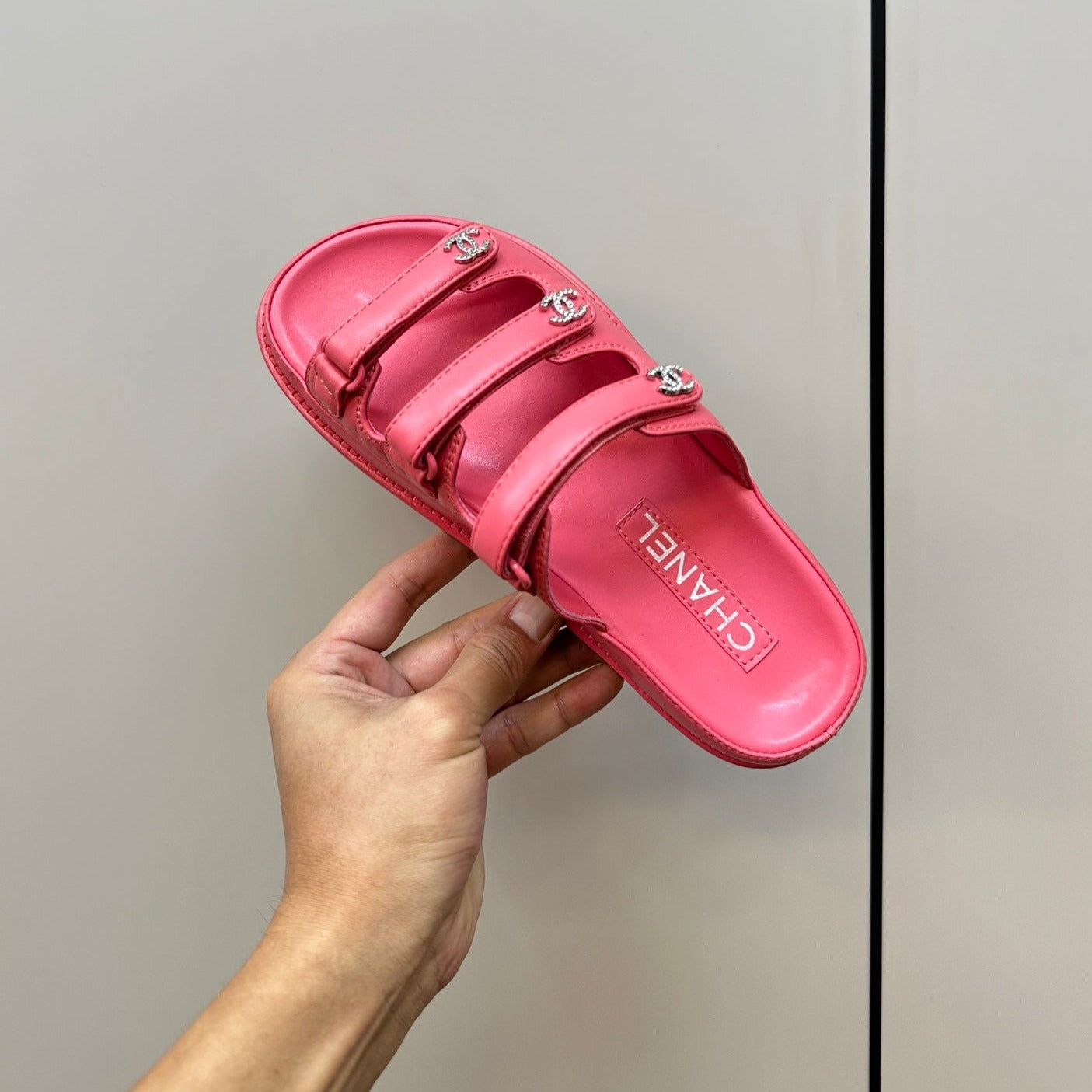 CHANEL dad sandals pink 1 3 rows lambskin mules