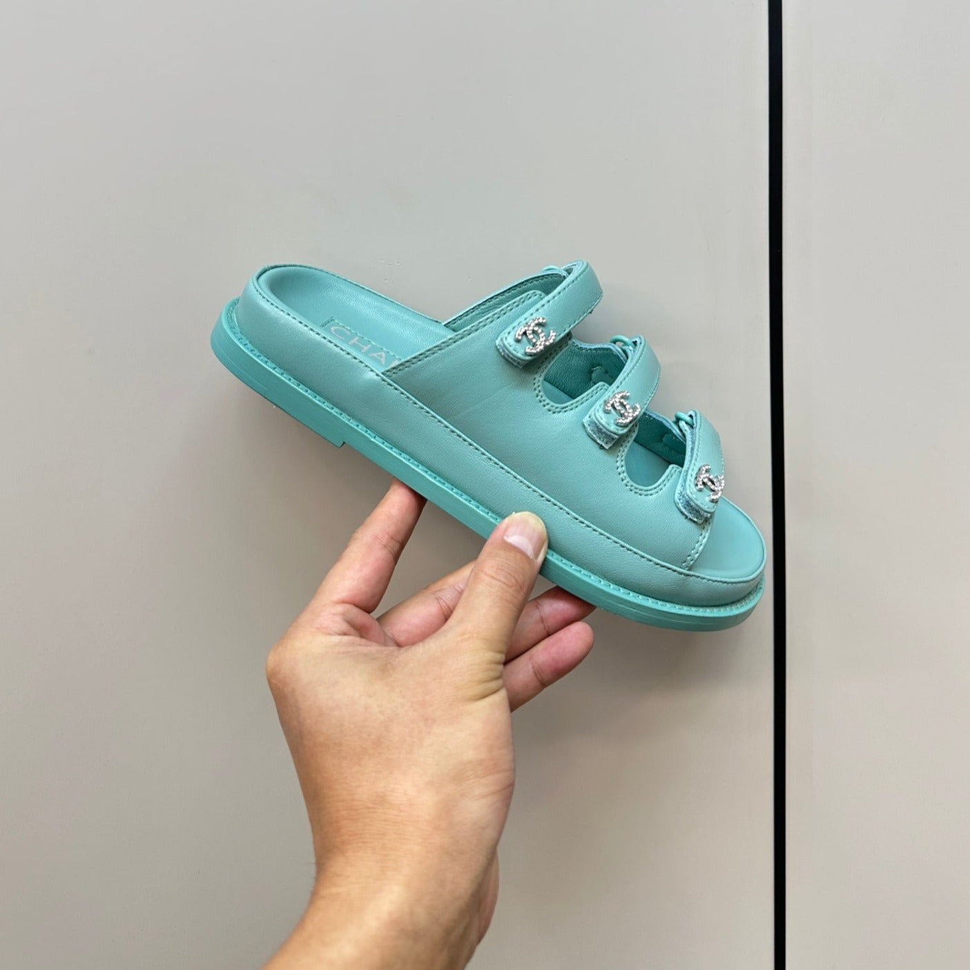 CHANEL dad sandals skye blue 3 rows lambskin mules